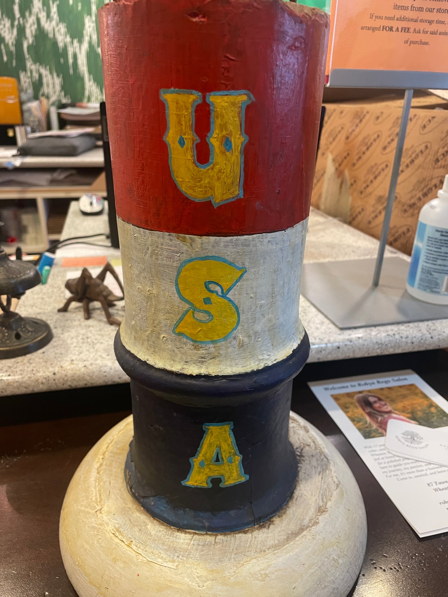 Folk Art Carved Uncle Sam on Oil Barrel (02J00H)