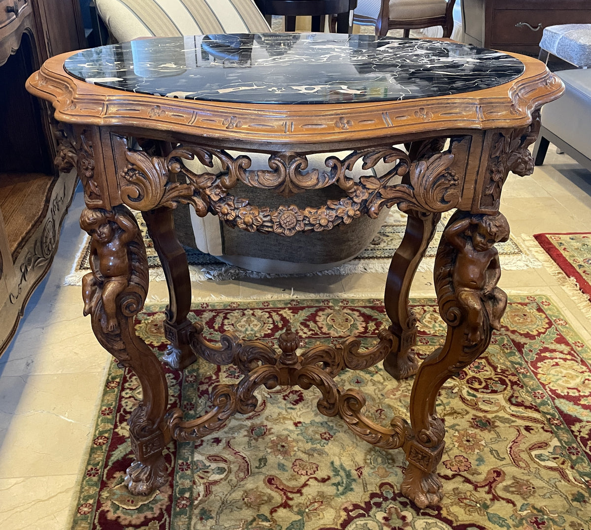 Victorian Center Table with Cherubs and Marble Inset Top (0QH001)