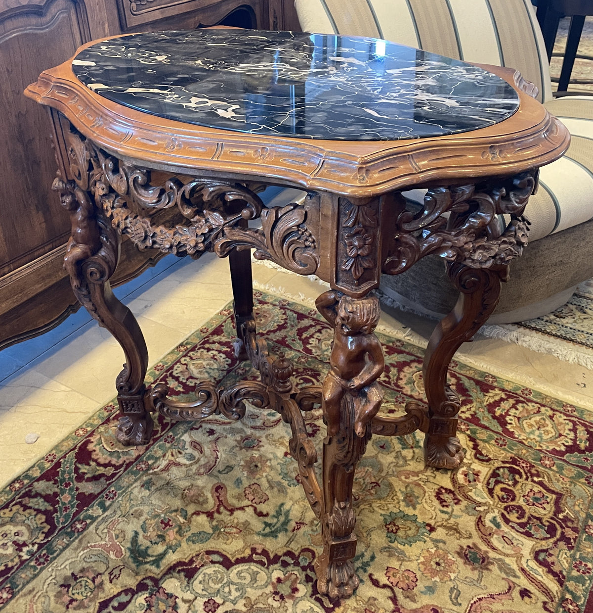 Victorian Center Table with Cherubs and Marble Inset Top (0QH001)