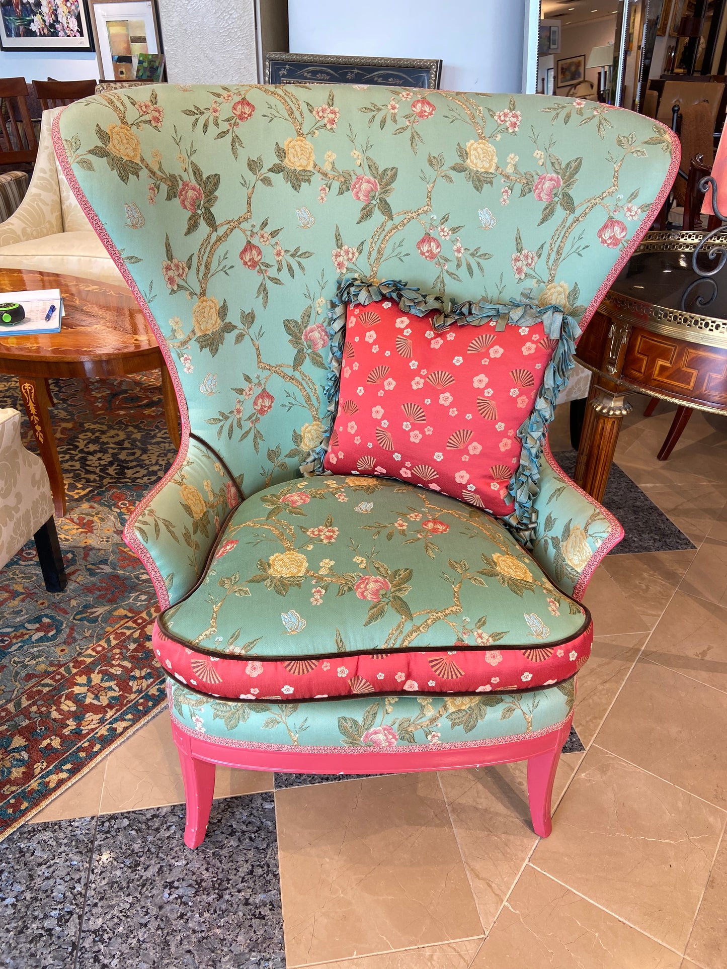 Teal Wing Back Chair With Pink Accents