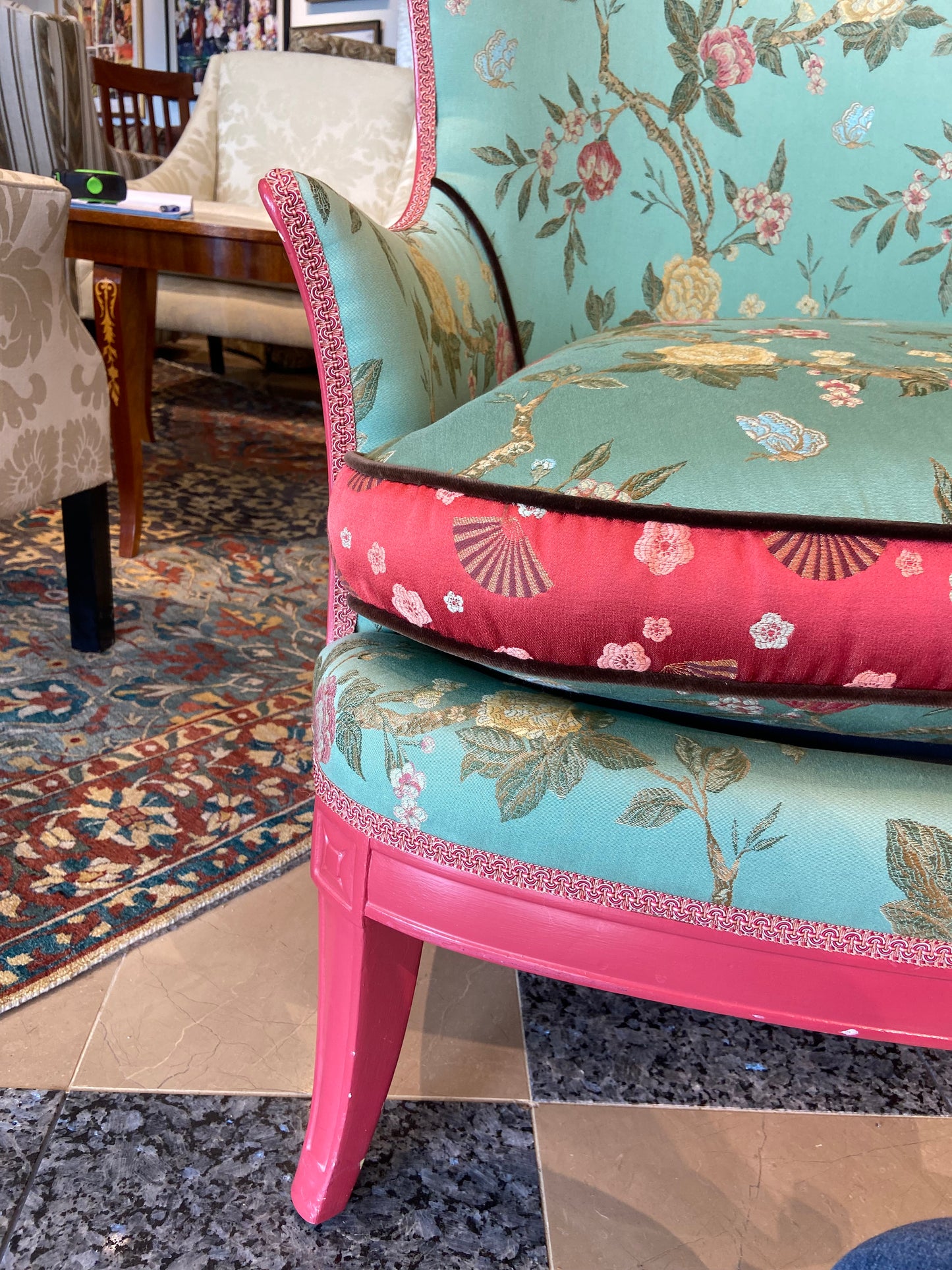 Teal Wing Back Chair With Pink Accents
