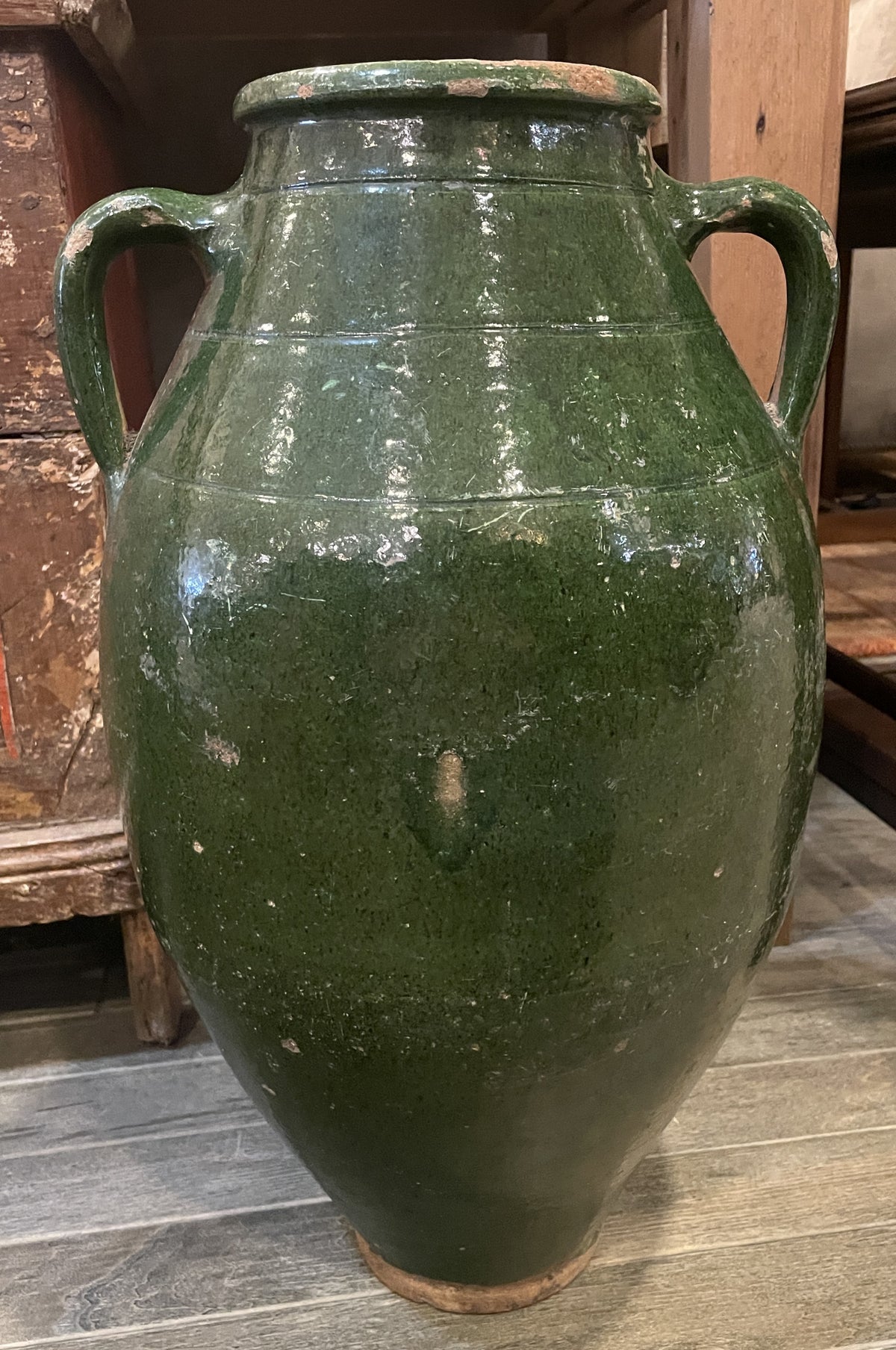 Antique Terracotta Green Glaze Olive Jar, large (0JL051)