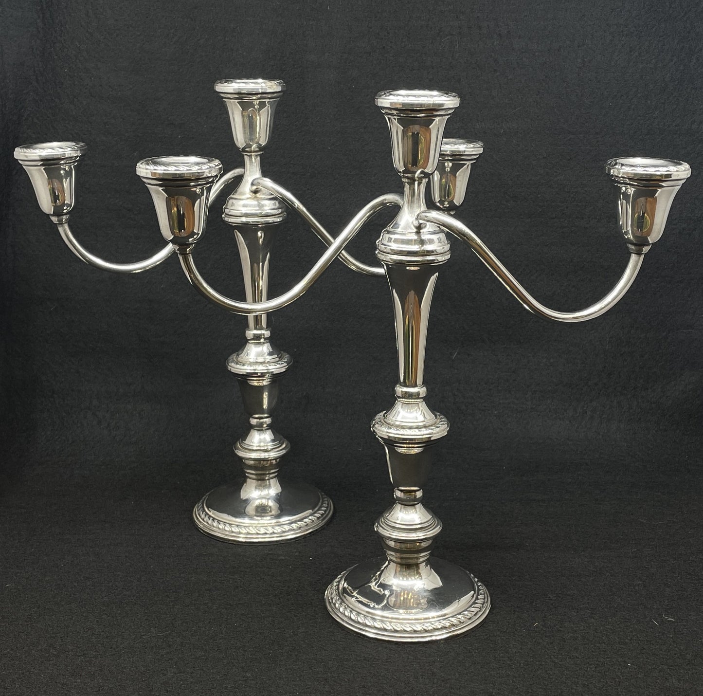 Preisner Sterling Three Arm Candleabras, a pair (0M9002)