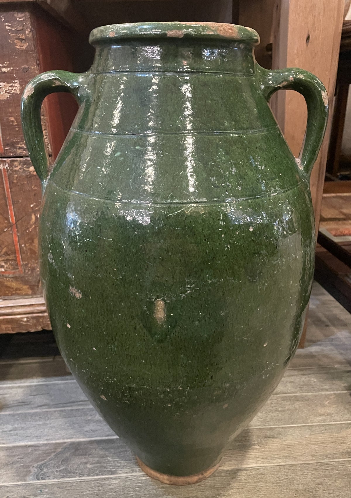 Antique Terracotta Green Glaze Olive Jar, large (0JL051)
