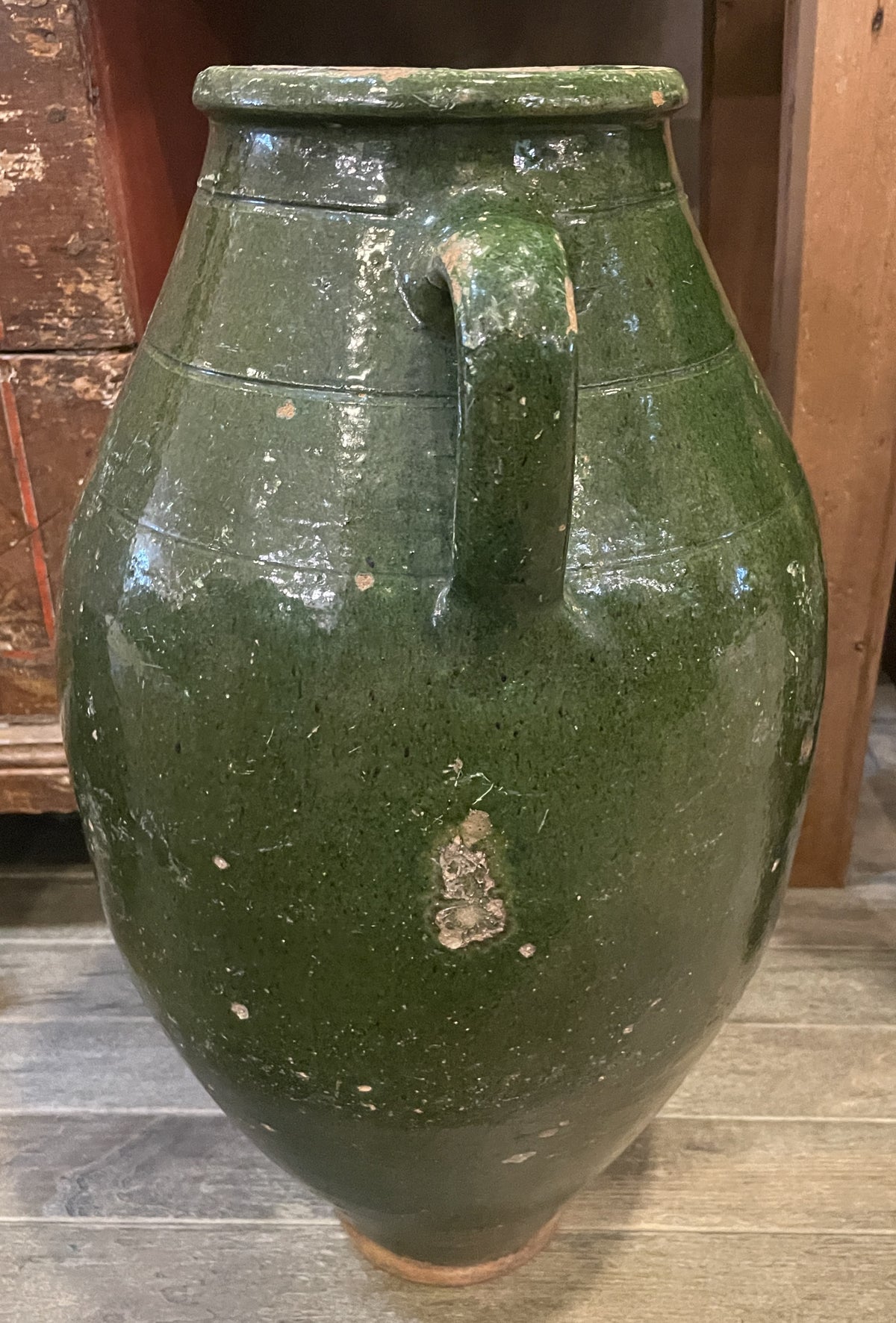 Antique Terracotta Green Glaze Olive Jar, large (0JL051)