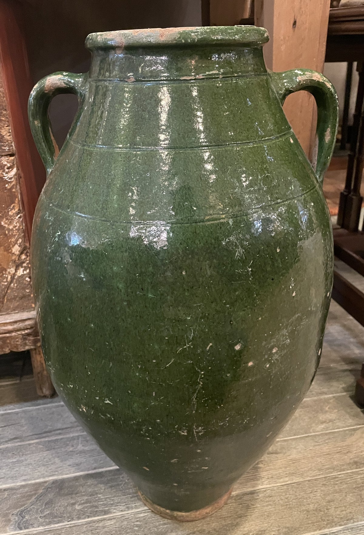 Antique Terracotta Green Glaze Olive Jar, large (0JL051)