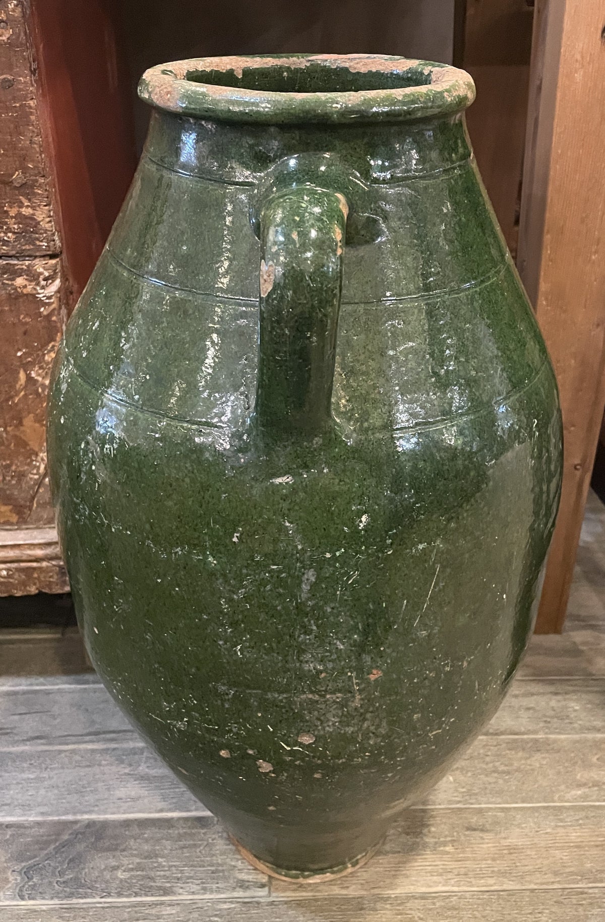 Antique Terracotta Green Glaze Olive Jar, large (0JL051)