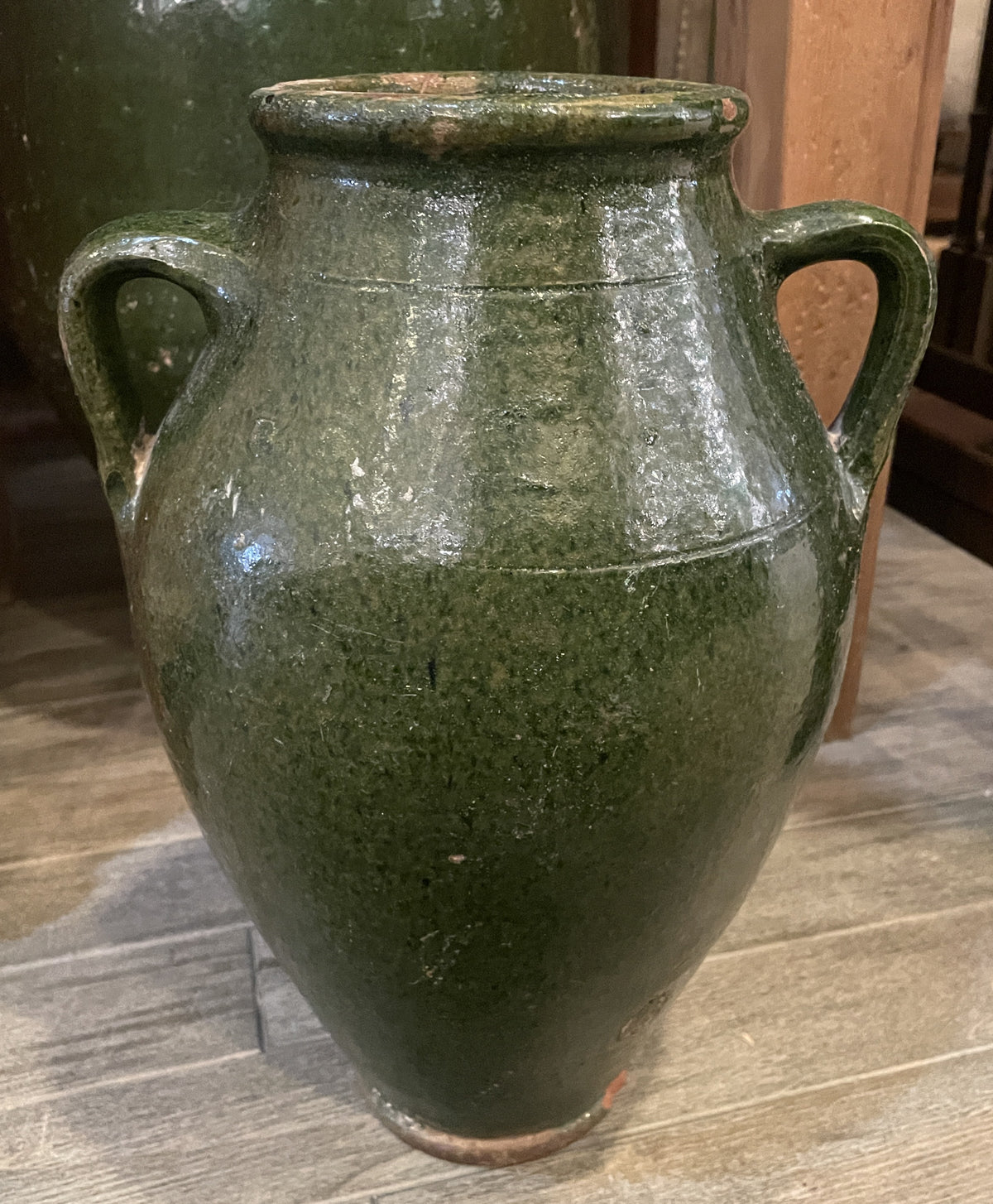 Antique Terracotta Green Glaze Olive Jar, medium (0JL052)