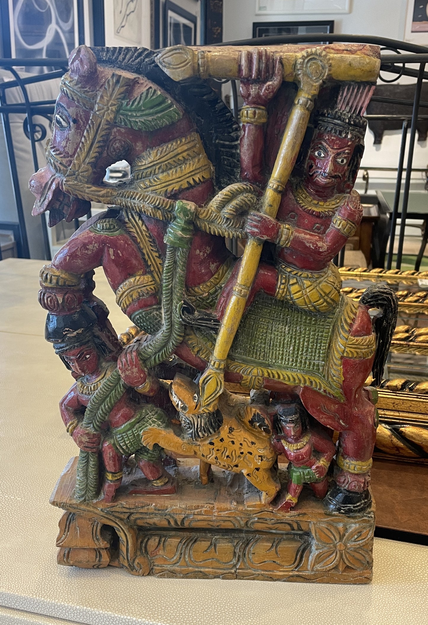 Indian Polychrome Carved Man on Horse (0N100D)