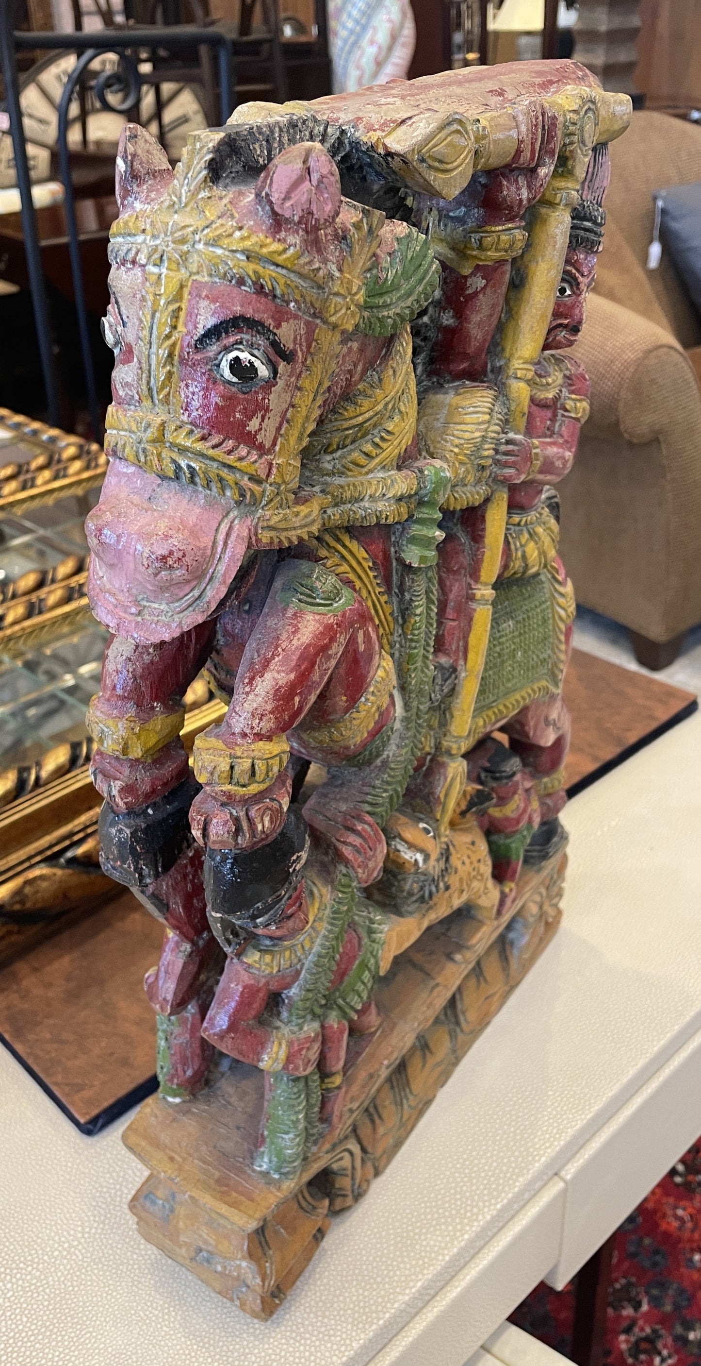 Indian Polychrome Carved Man on Horse (0N100D)