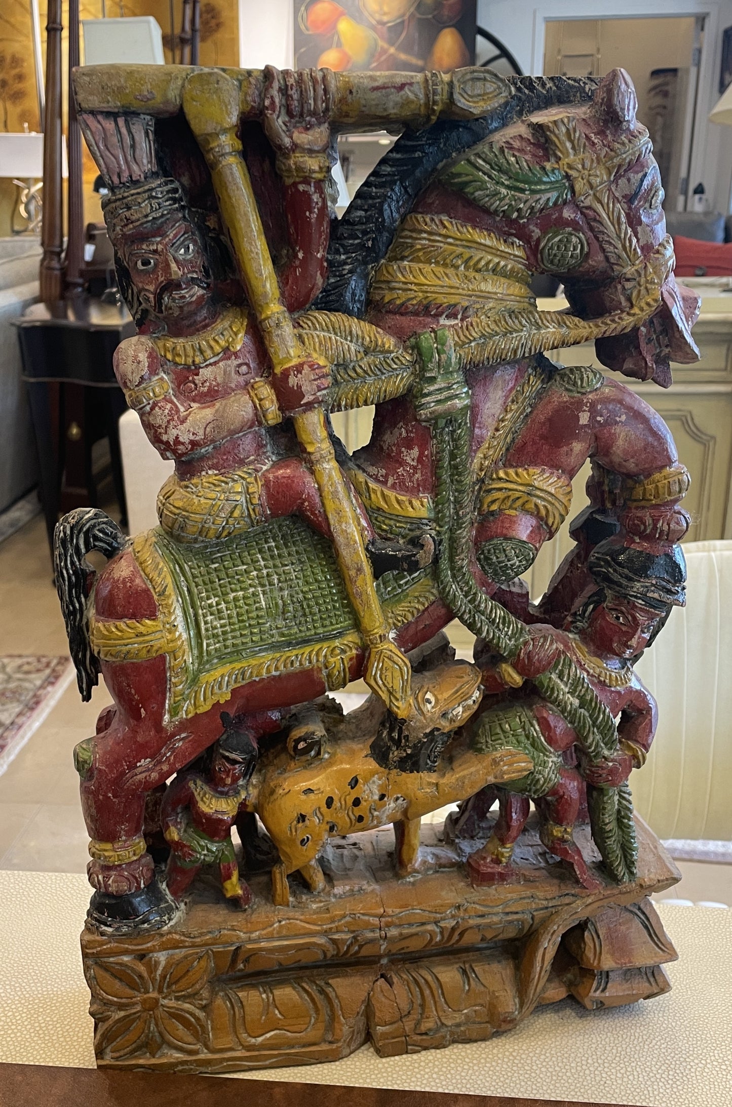 Indian Polychrome Carved Man on Horse (0N100D)