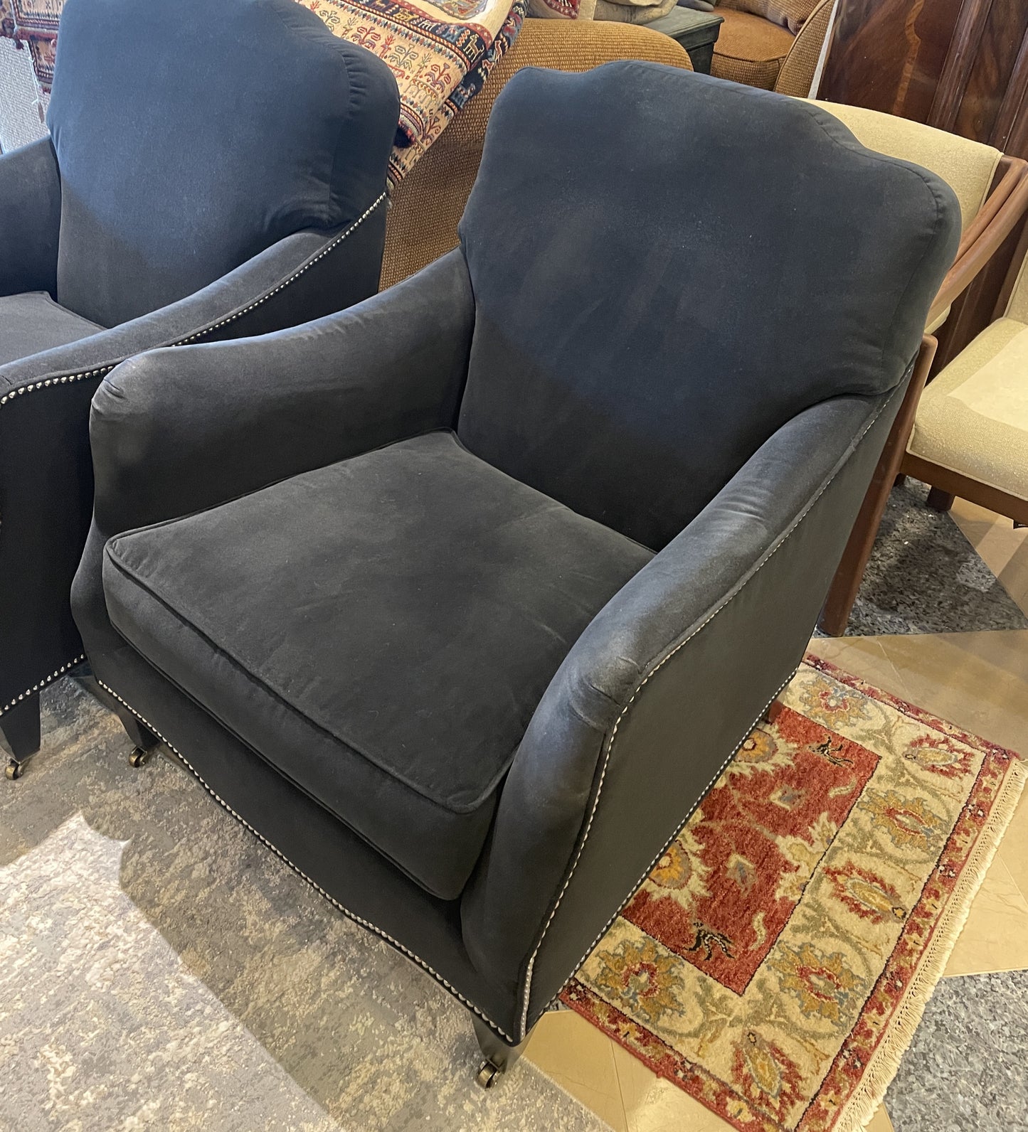 Ambella Black Arm Chair with tacks, AS IS (Two available 0N2006 and 0N2007)