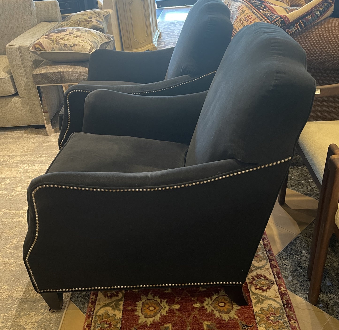 Ambella Black Arm Chair with tacks, AS IS (Two available 0N2006 and 0N2007)