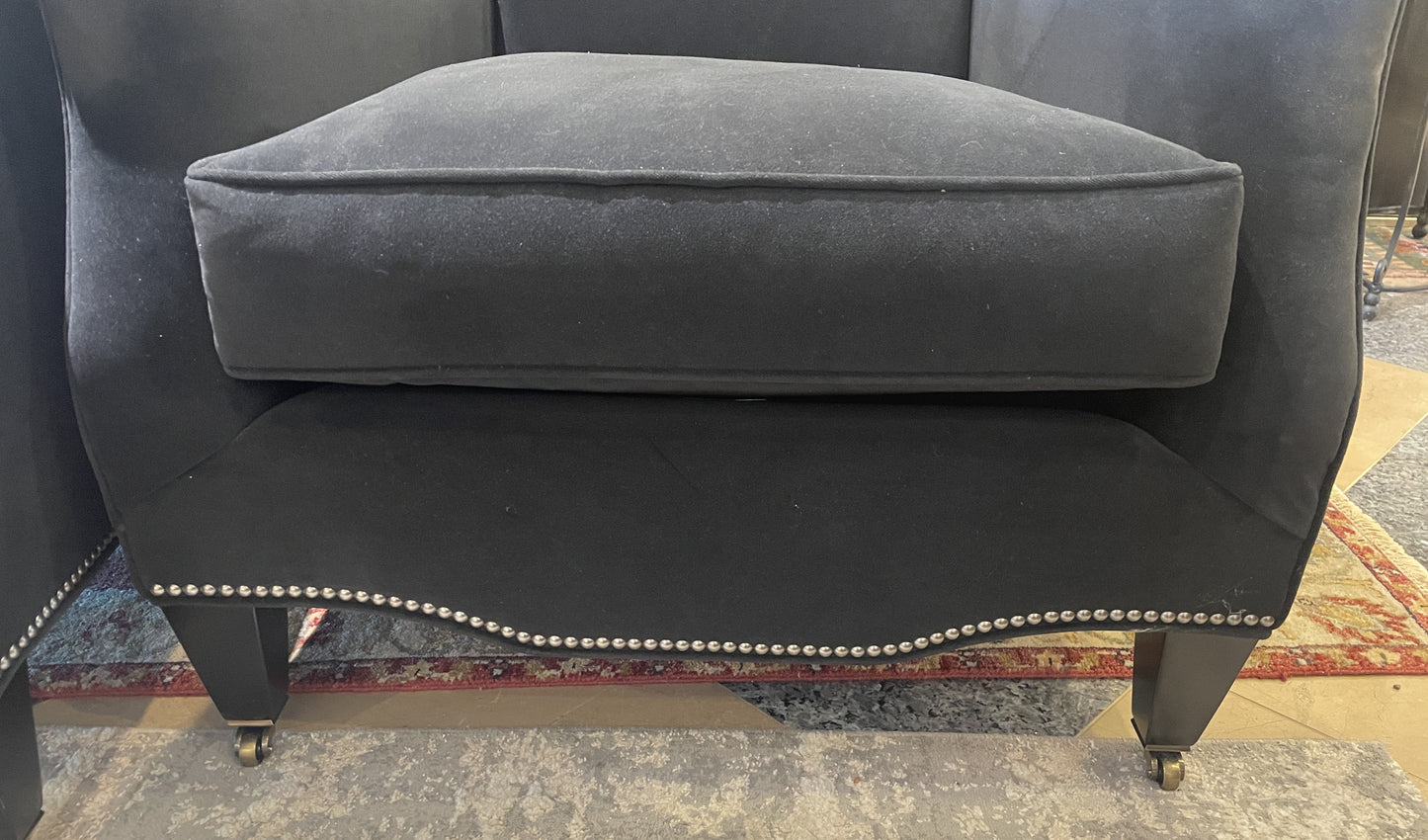 Ambella Black Arm Chair with tacks, AS IS (Two available 0N2006 and 0N2007)