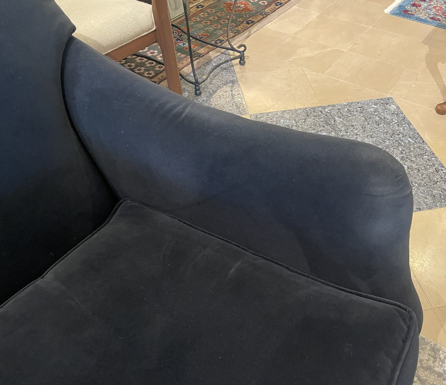 Ambella Black Arm Chair with tacks, AS IS (Two available 0N2006 and 0N2007)