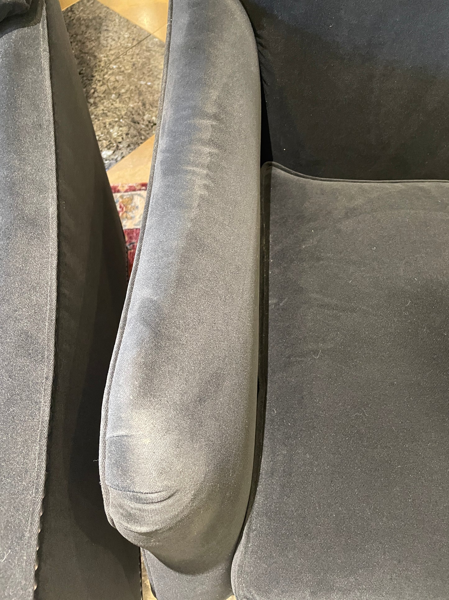 Ambella Black Arm Chair with tacks, AS IS (Two available 0N2006 and 0N2007)