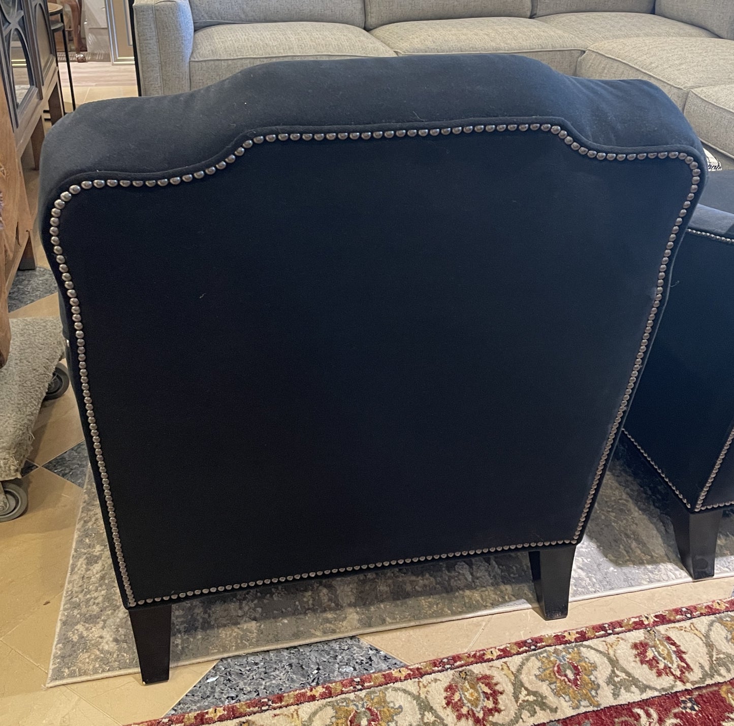 Ambella Black Arm Chair with tacks, AS IS (Two available 0N2006 and 0N2007)