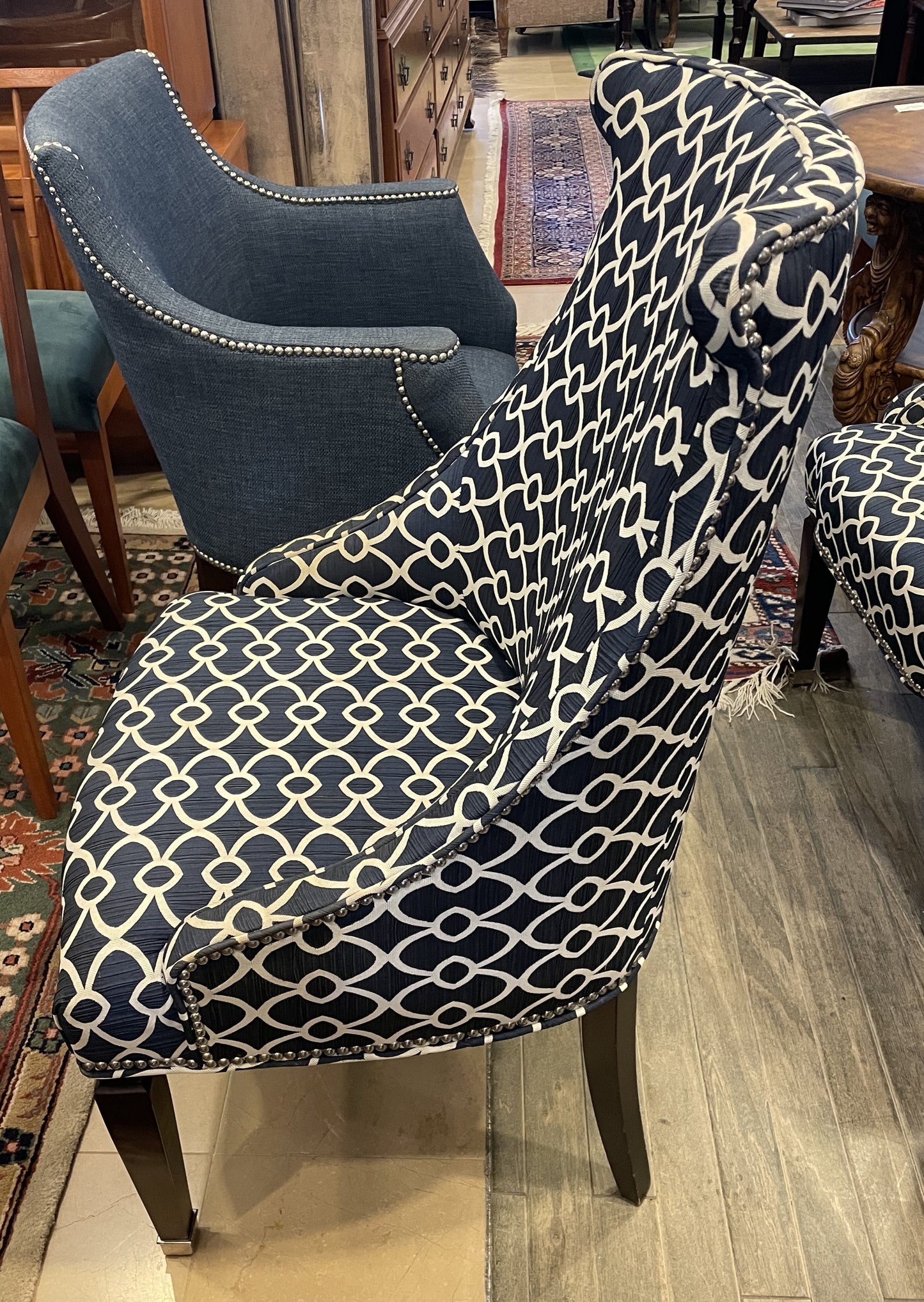 Century Primary Dining Chairs in Blue and White, a pair AS IS (0N400I)