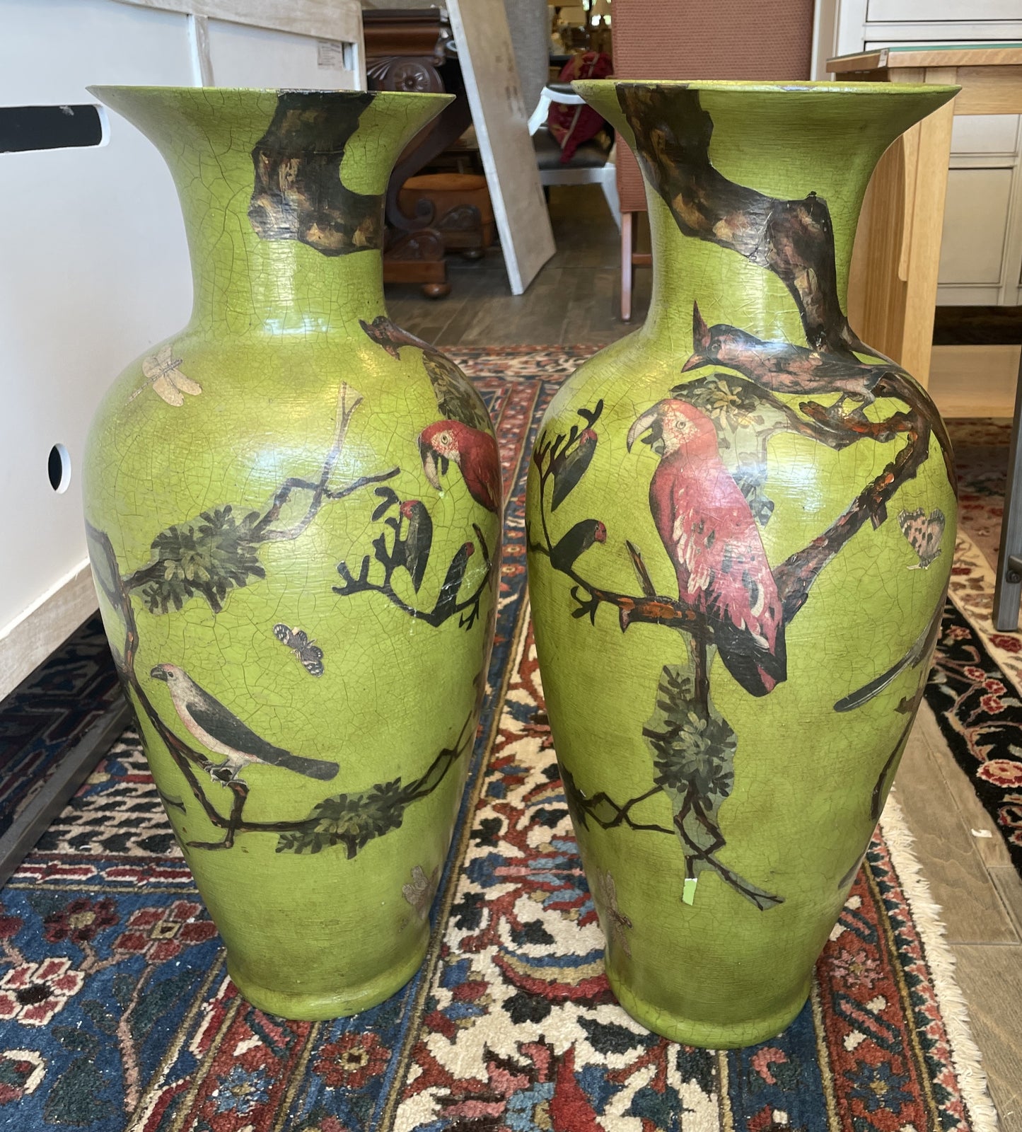 Pair of Paper Mache Bird Vases in Vibrant Green, AS IS (0N1004)