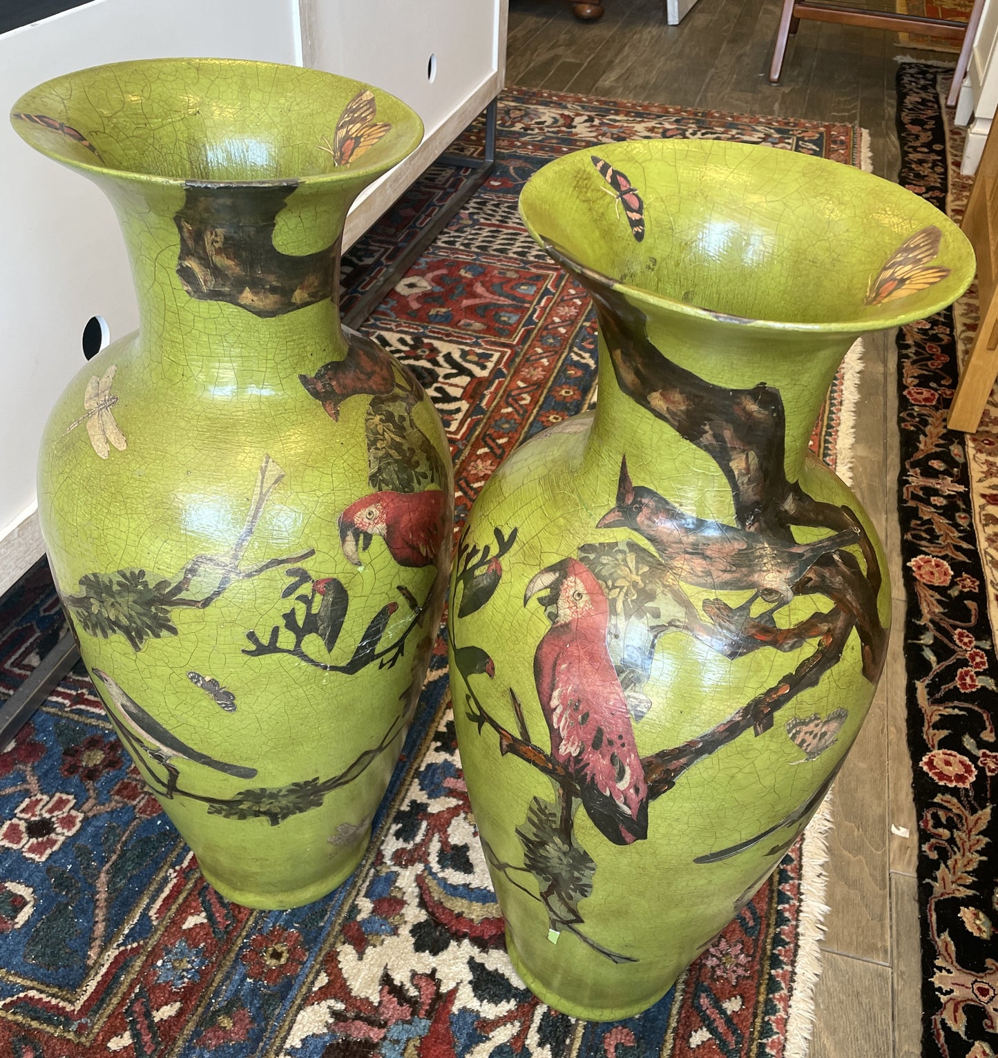 Pair of Paper Mache Bird Vases in Vibrant Green, AS IS (0N1004)