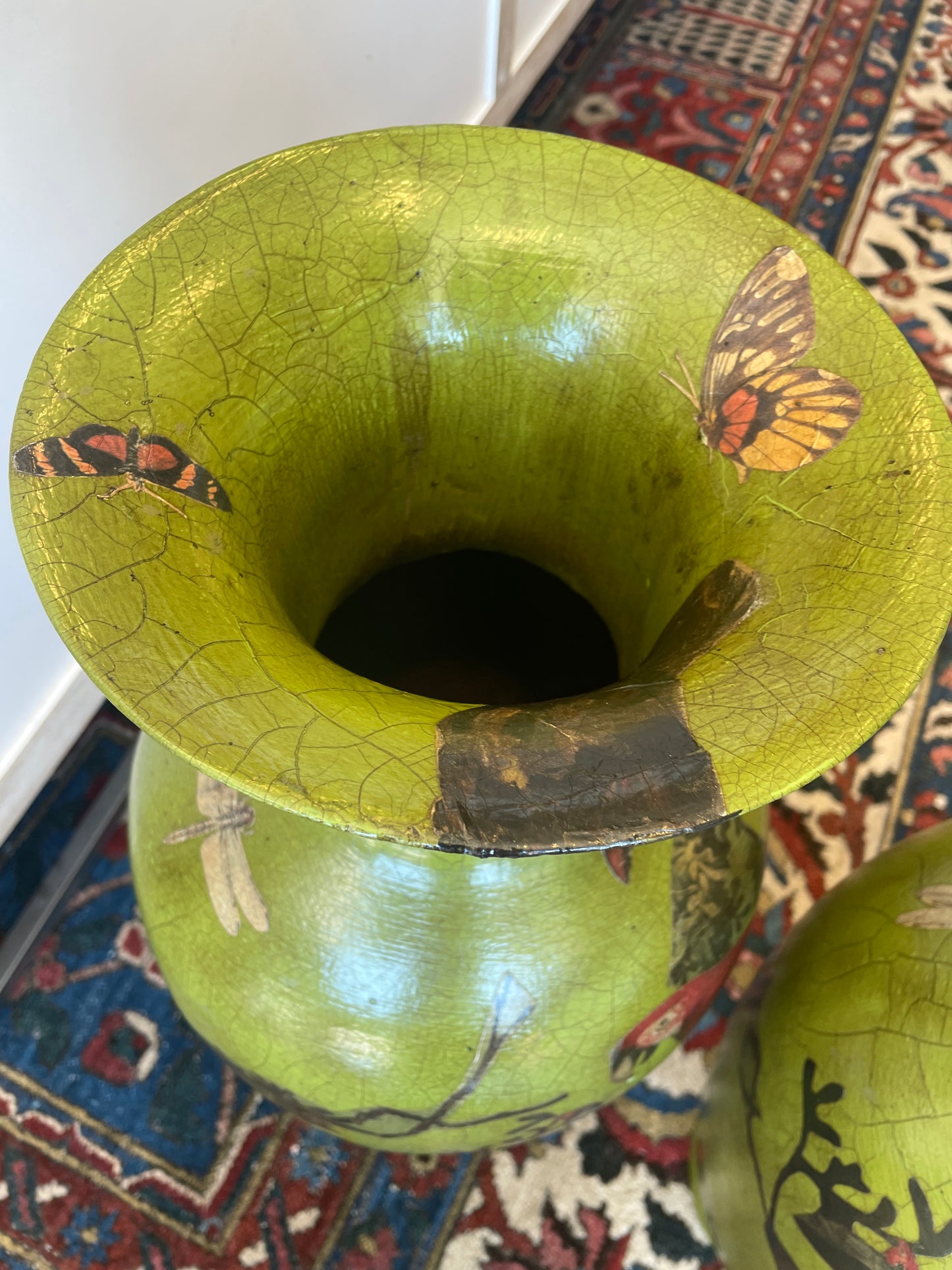 Pair of Paper Mache Bird Vases in Vibrant Green, AS IS (0N1004)