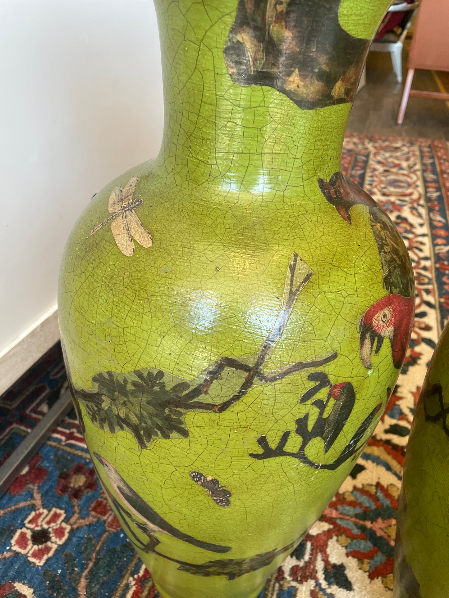 Pair of Paper Mache Bird Vases in Vibrant Green, AS IS (0N1004)