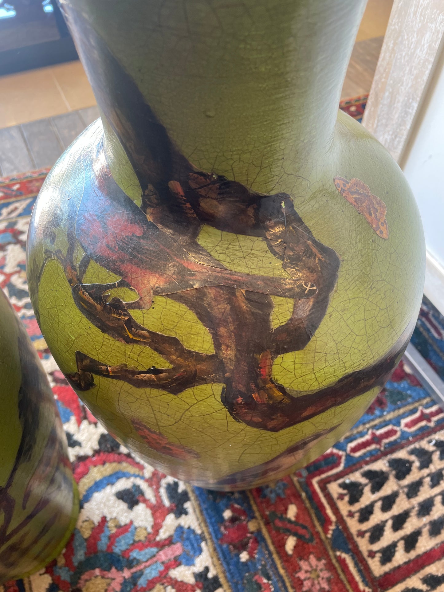 Pair of Paper Mache Bird Vases in Vibrant Green, AS IS (0N1004)