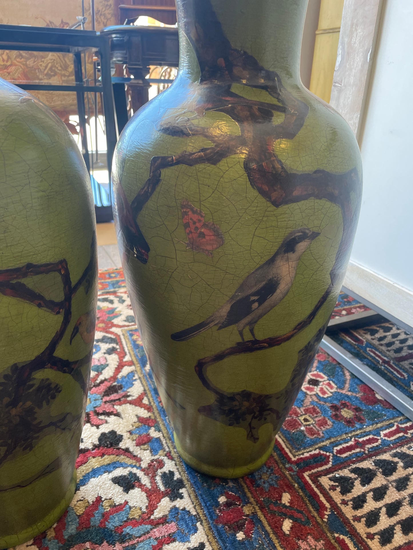 Pair of Paper Mache Bird Vases in Vibrant Green, AS IS (0N1004)