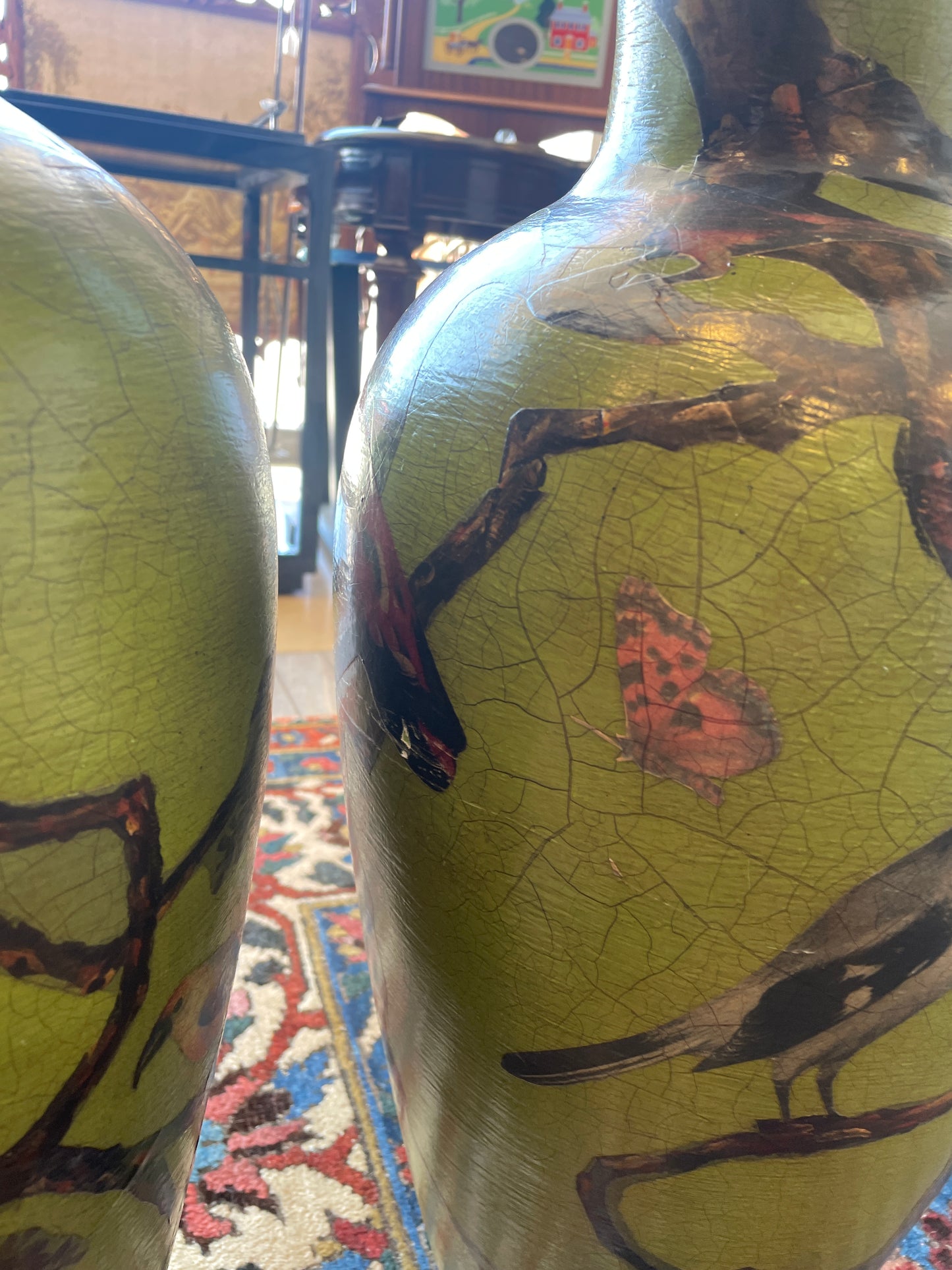 Pair of Paper Mache Bird Vases in Vibrant Green, AS IS (0N1004)