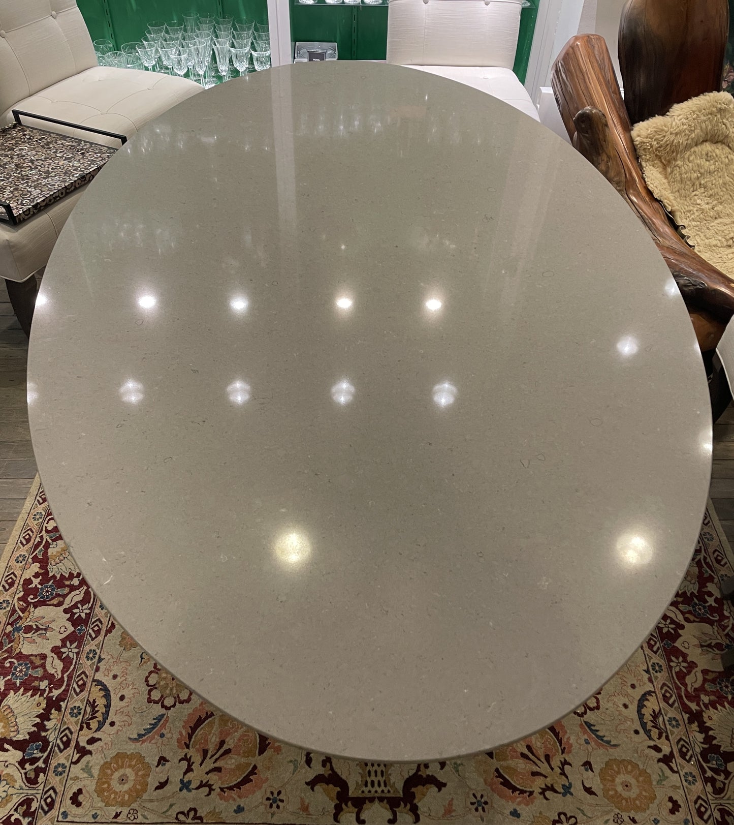 Room and Board Aria Fog Quartz 78" Oval Dining Table with Chrome Base (0GE003)