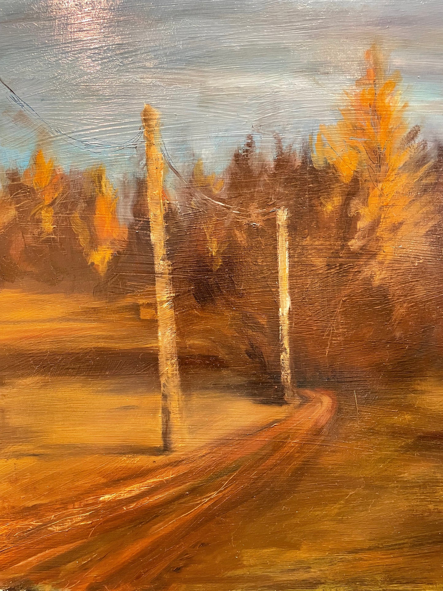 Deb Mortl Telephone Poles Oil on Board Painting, Signed