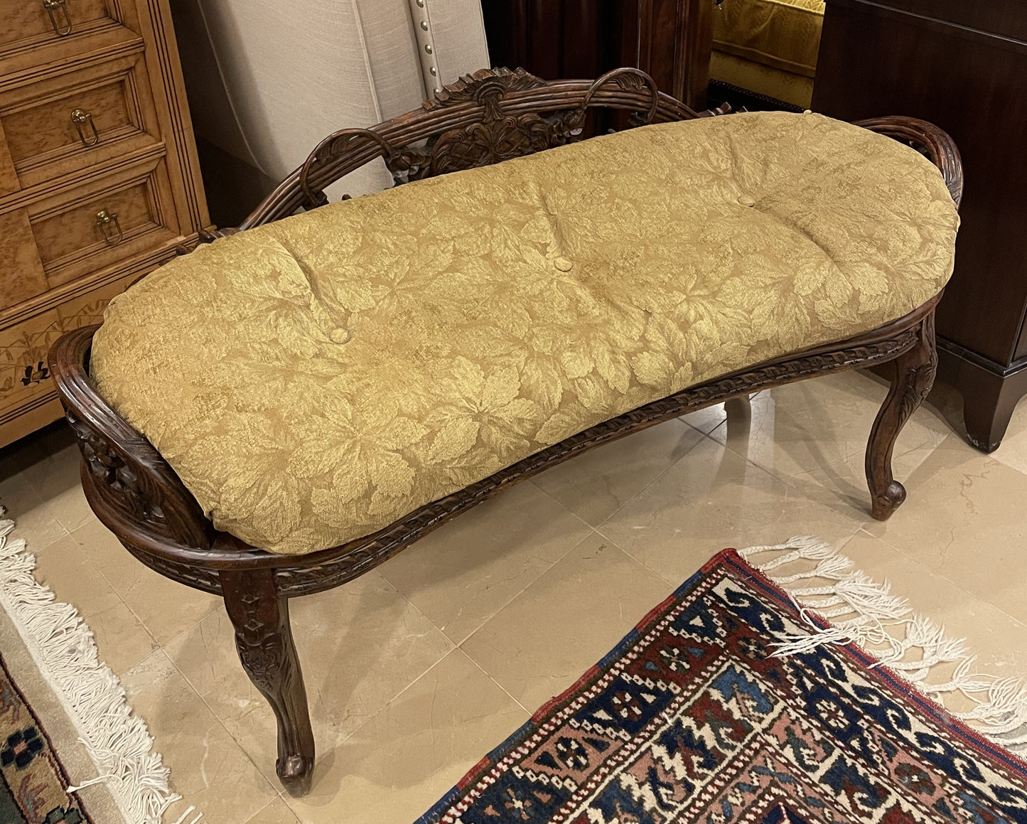 Maitland Smith Kidney Shaped carved Bench with Cushion (0JQ005)