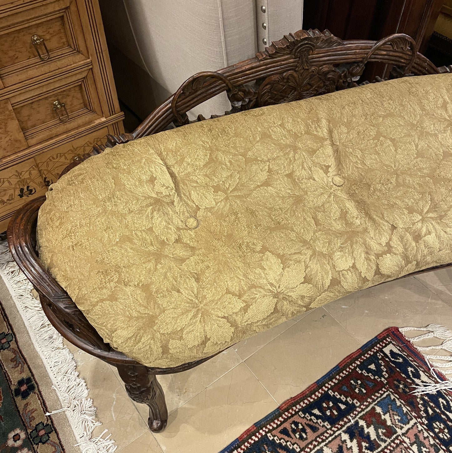 Maitland Smith Kidney Shaped carved Bench with Cushion (0JQ005)