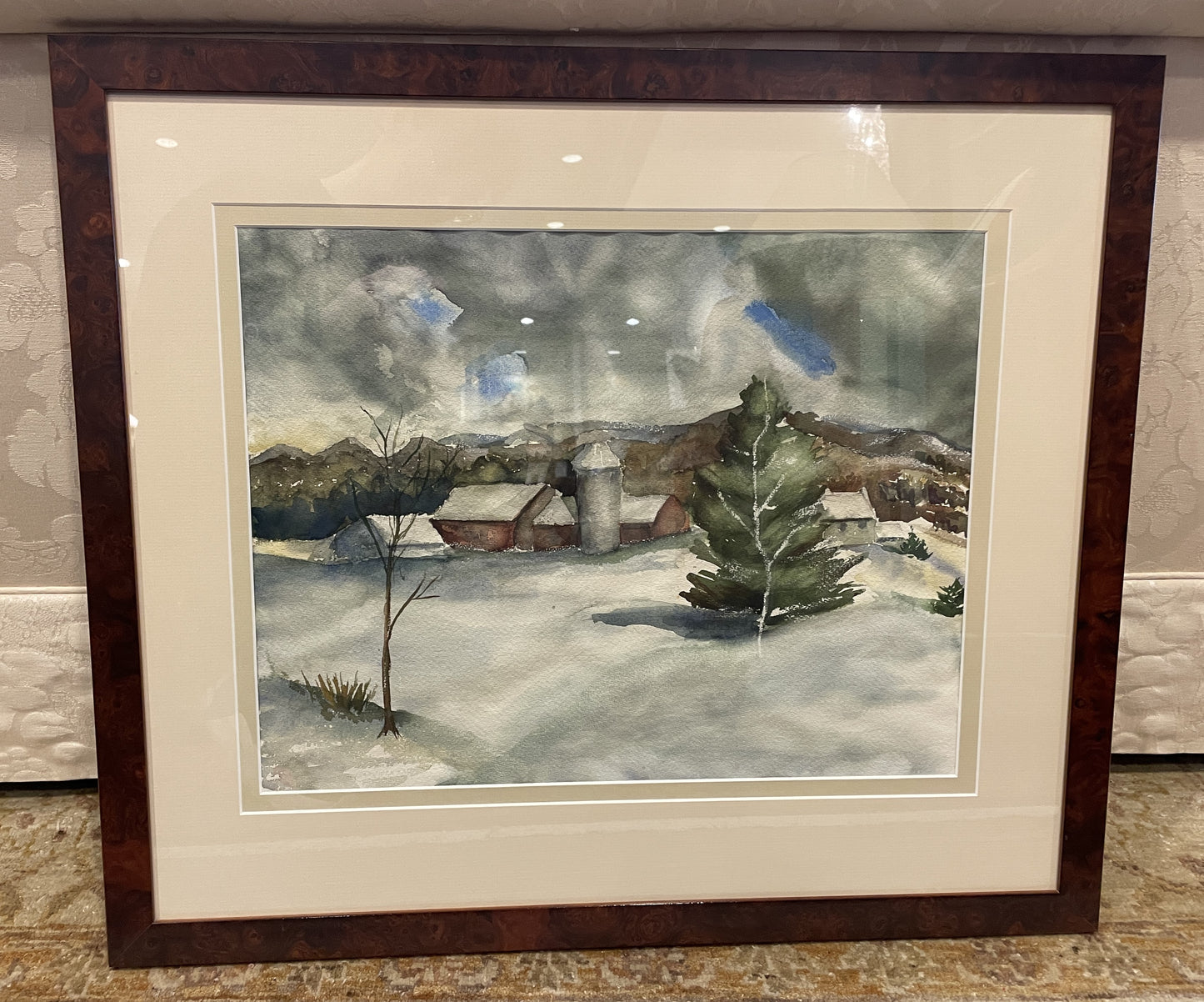 Snow Scene Watercolor of Farm, Unsigned (0ND00A)