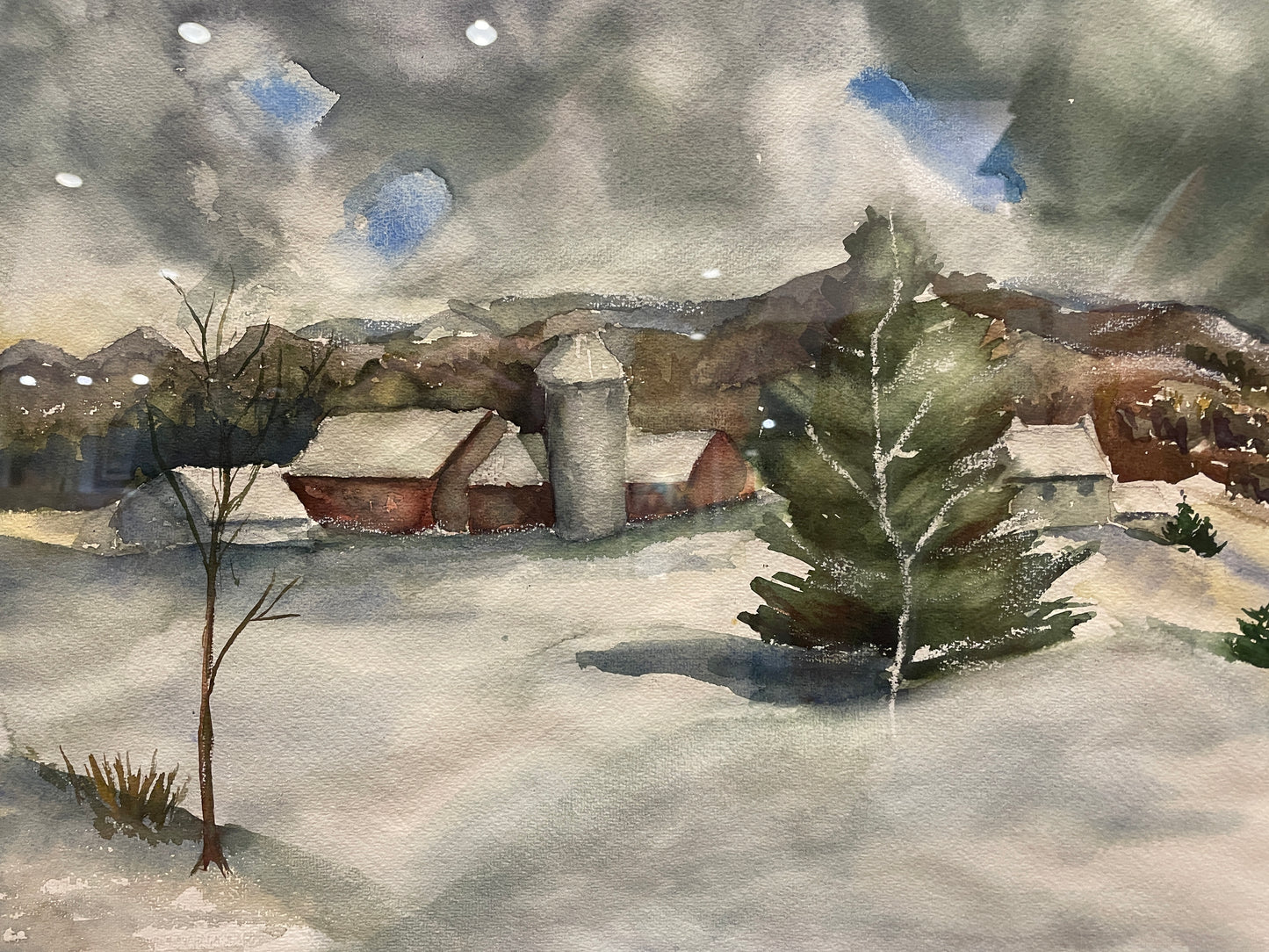 Snow Scene Watercolor of Farm, Unsigned (0ND00A)