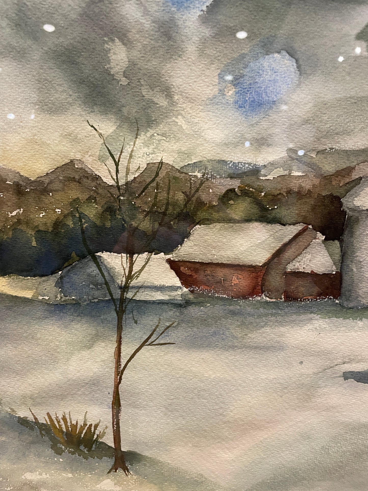 Snow Scene Watercolor of Farm, Unsigned (0ND00A)
