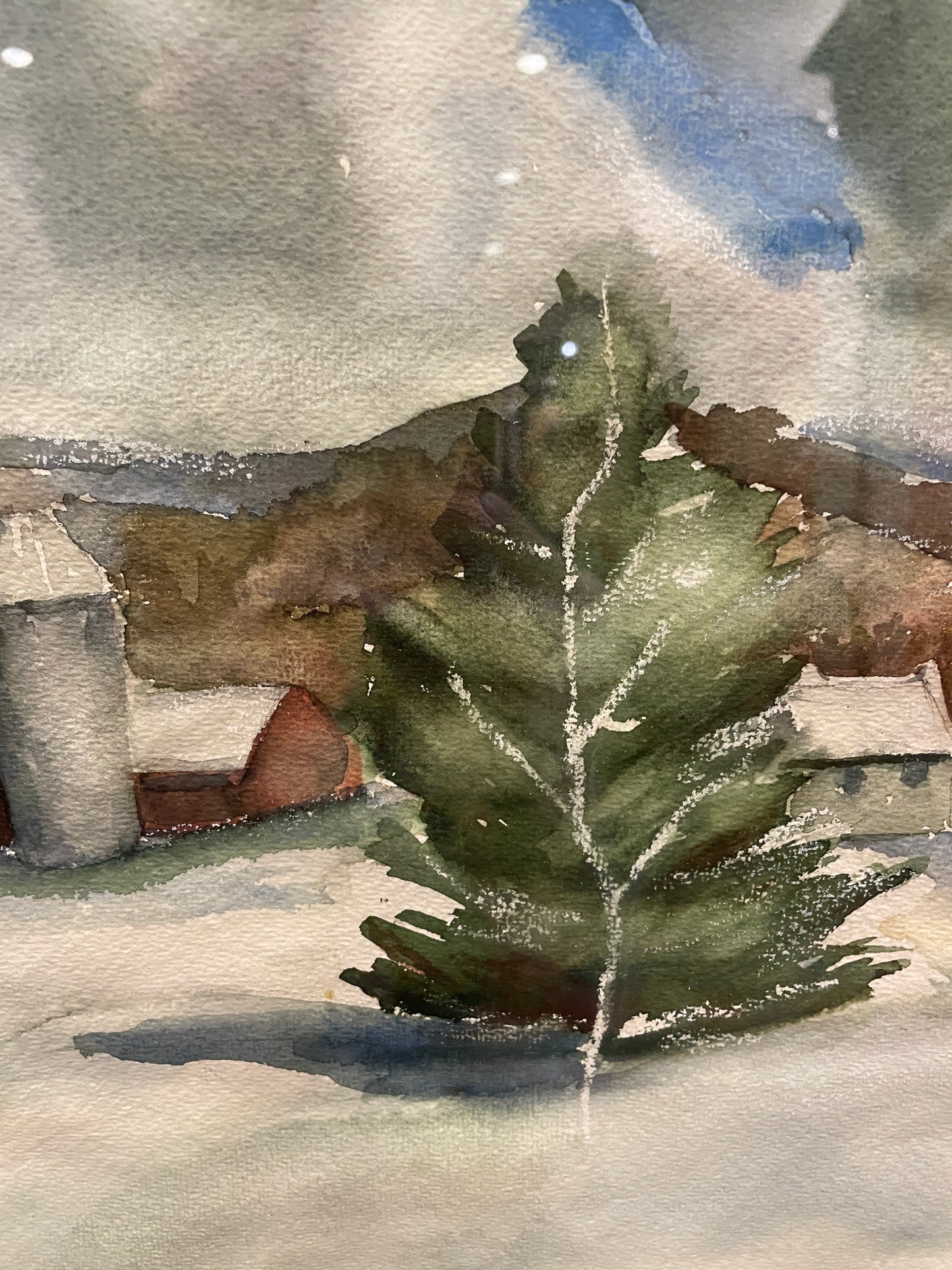 Snow Scene Watercolor of Farm, Unsigned (0ND00A)