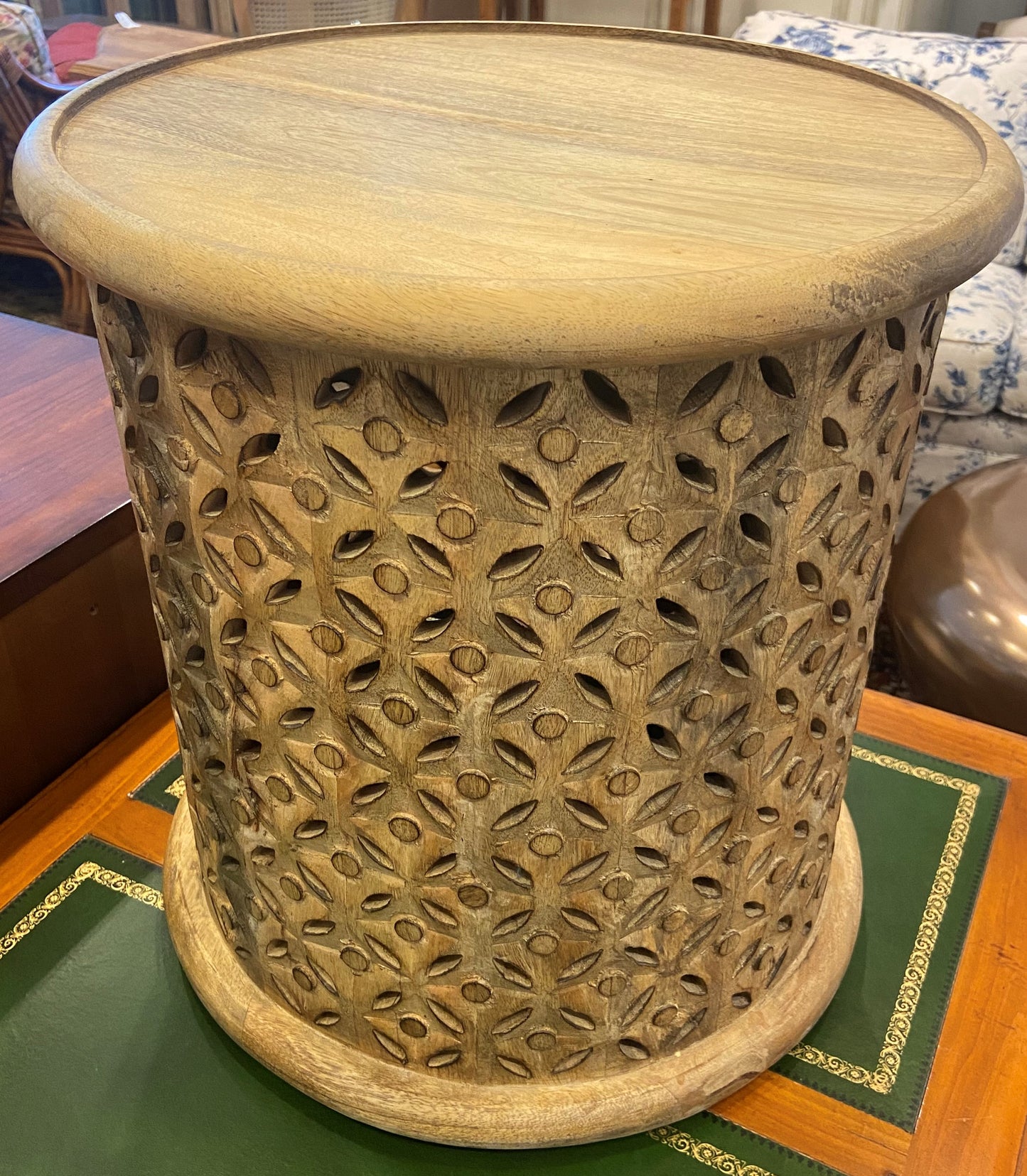Wooden Carved Drum Side Table