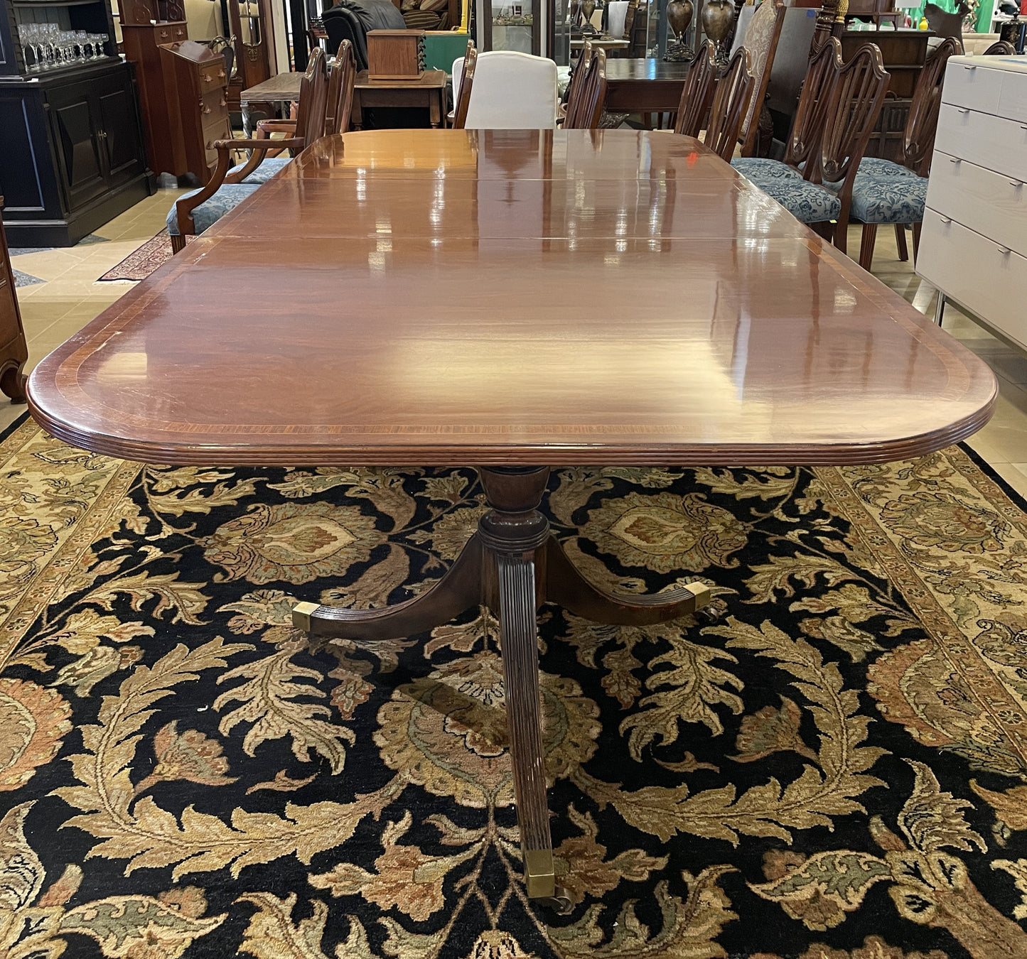 Antique Double Pedestal Banded Dining Table AS IS (3x24" Leaves) (0BZ014)