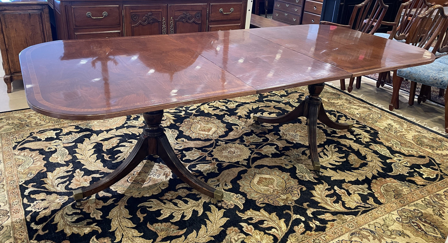 Antique Double Pedestal Banded Dining Table AS IS (3x24" Leaves) (0BZ014)