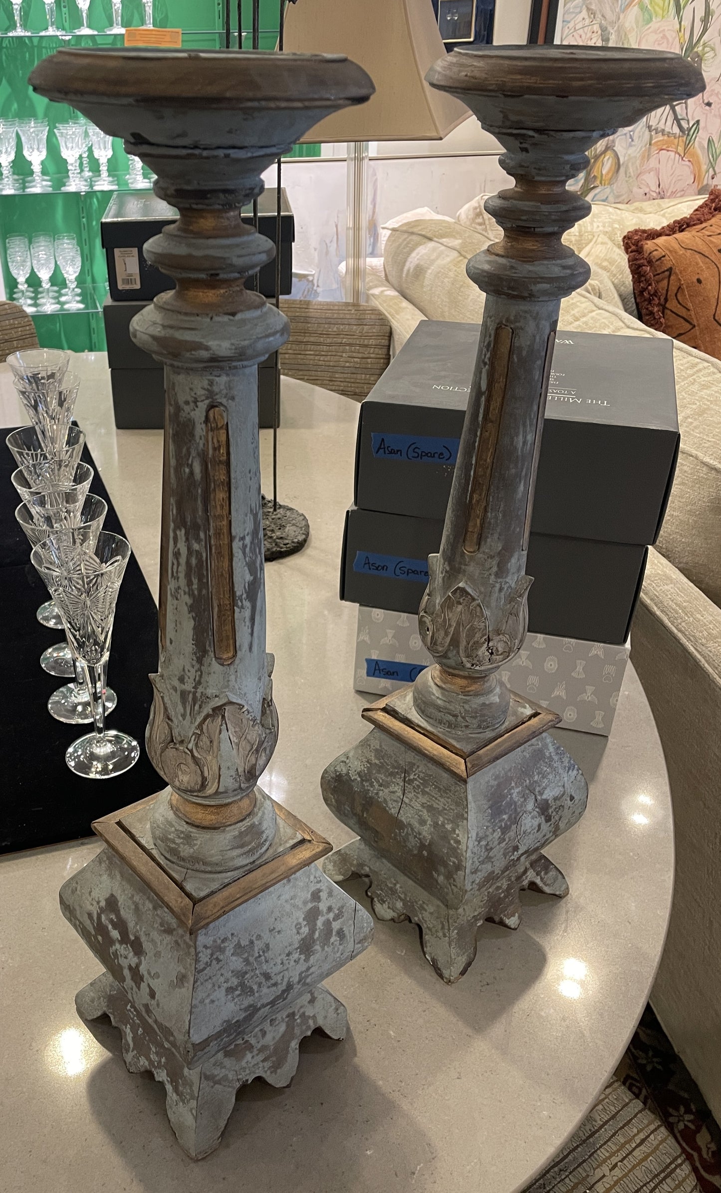 Antique Swedish Hand Carved Wooden Candle Pillars, a pair (01D01Z)