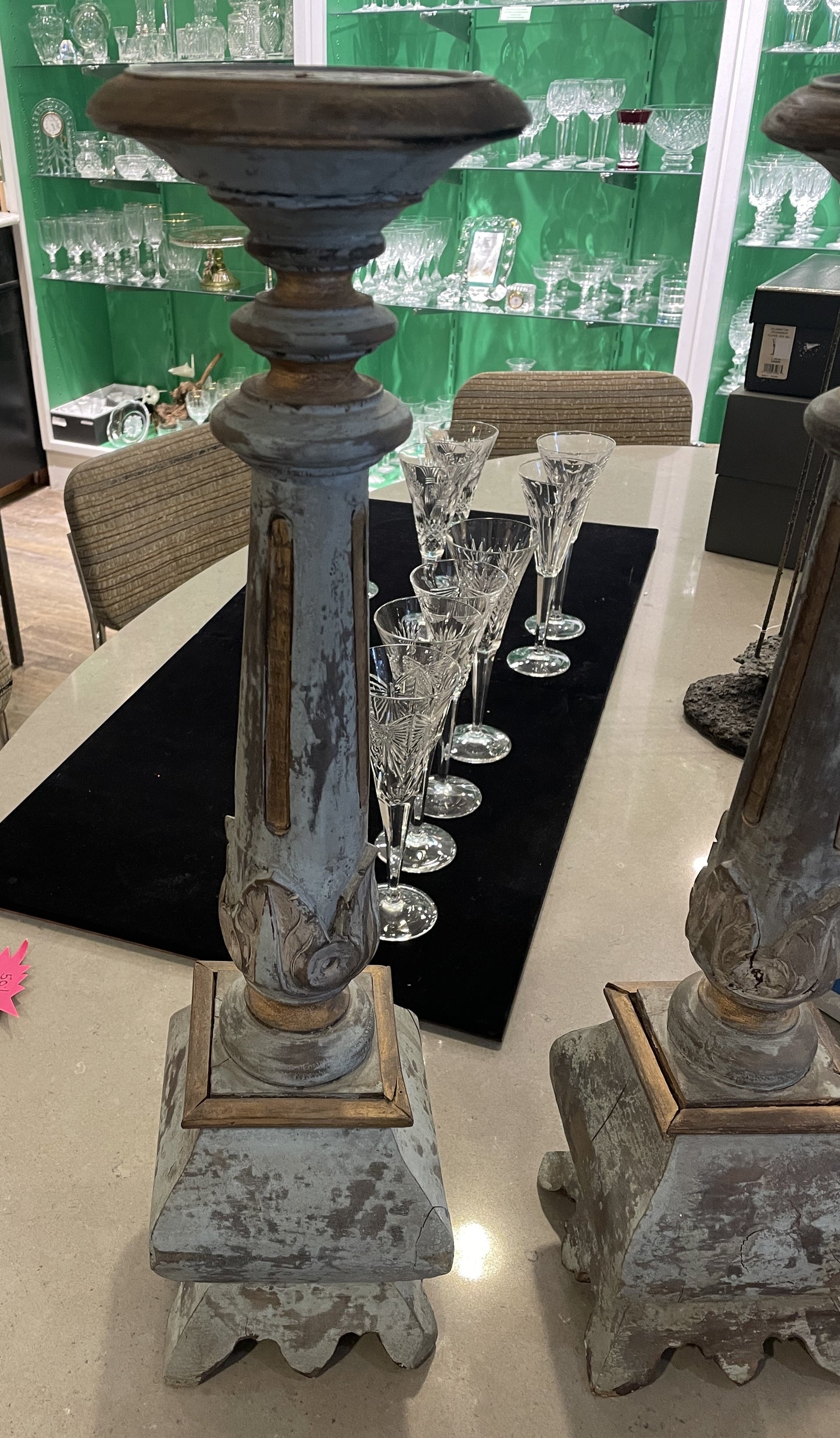 Antique Swedish Hand Carved Wooden Candle Pillars, a pair (01D01Z)