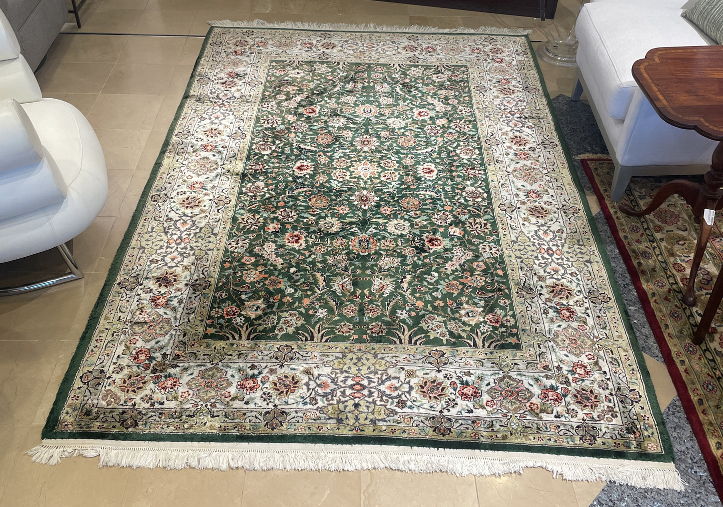 Hand Knotted Silk Green and Coral Rug (5'9x8'8) (0N5006)