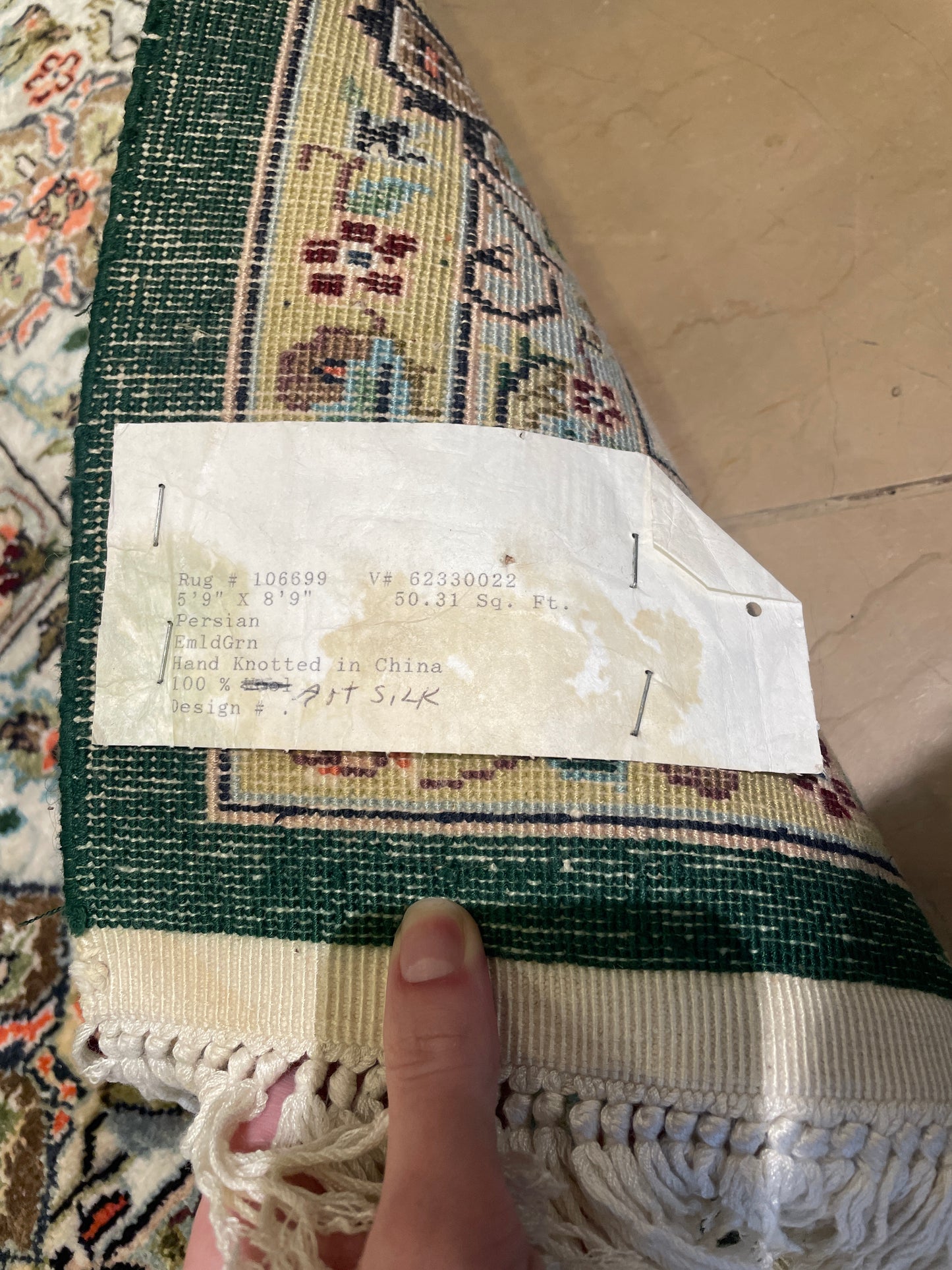Hand Knotted Silk Green and Coral Rug (5'9x8'8) (0N5006)