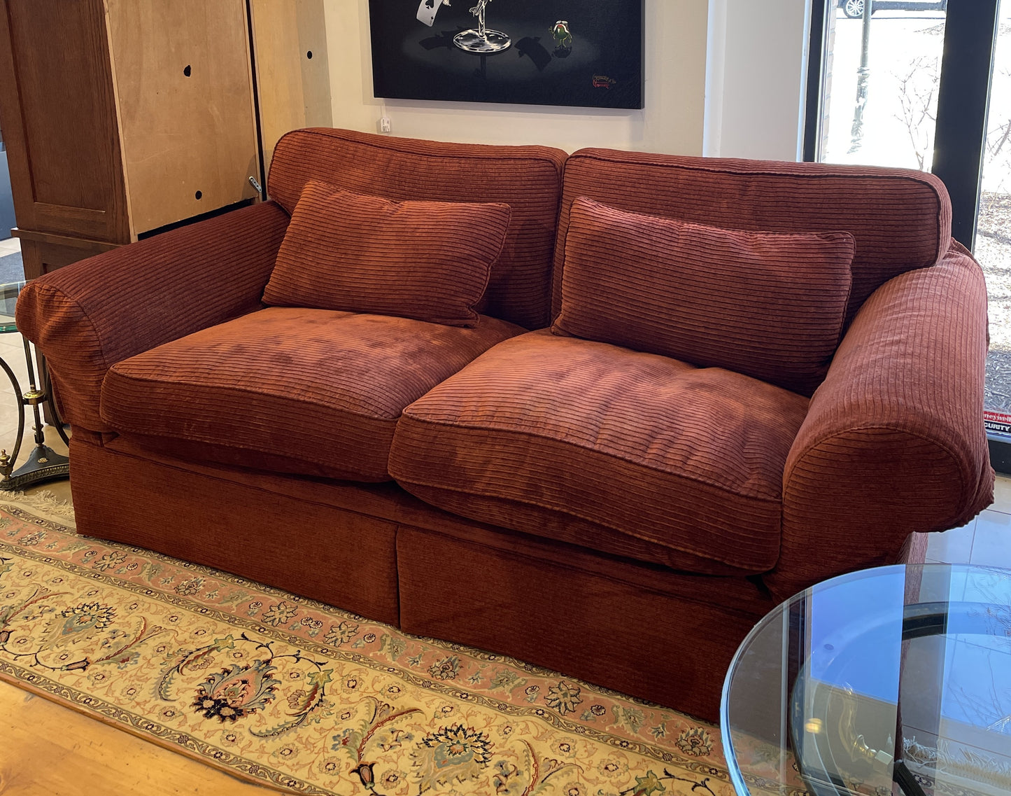 Crimson Corduroy Style Upholstered Sofa Attrib. to Baker (0BZ006)