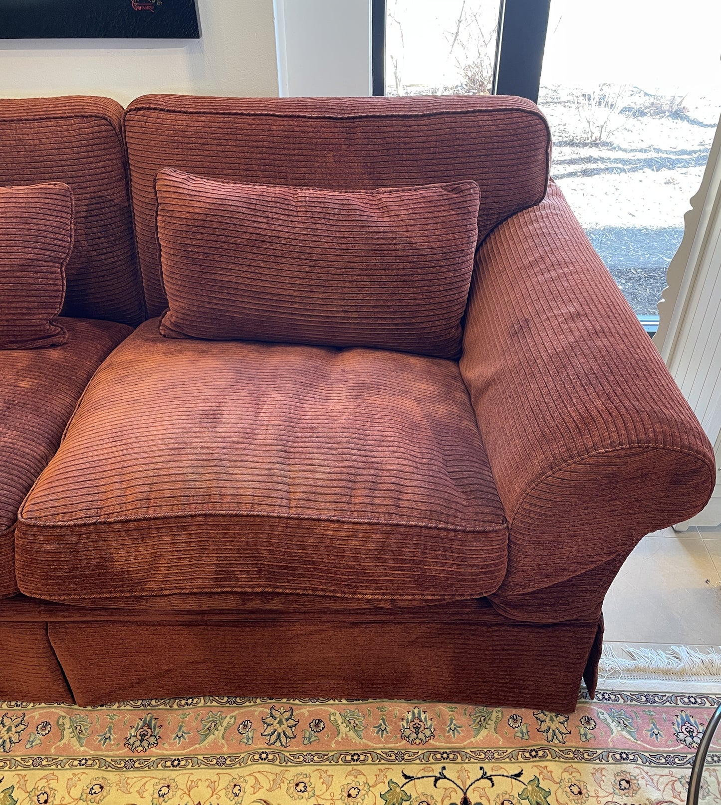 Crimson Corduroy Style Upholstered Sofa Attrib. to Baker (0BZ006)