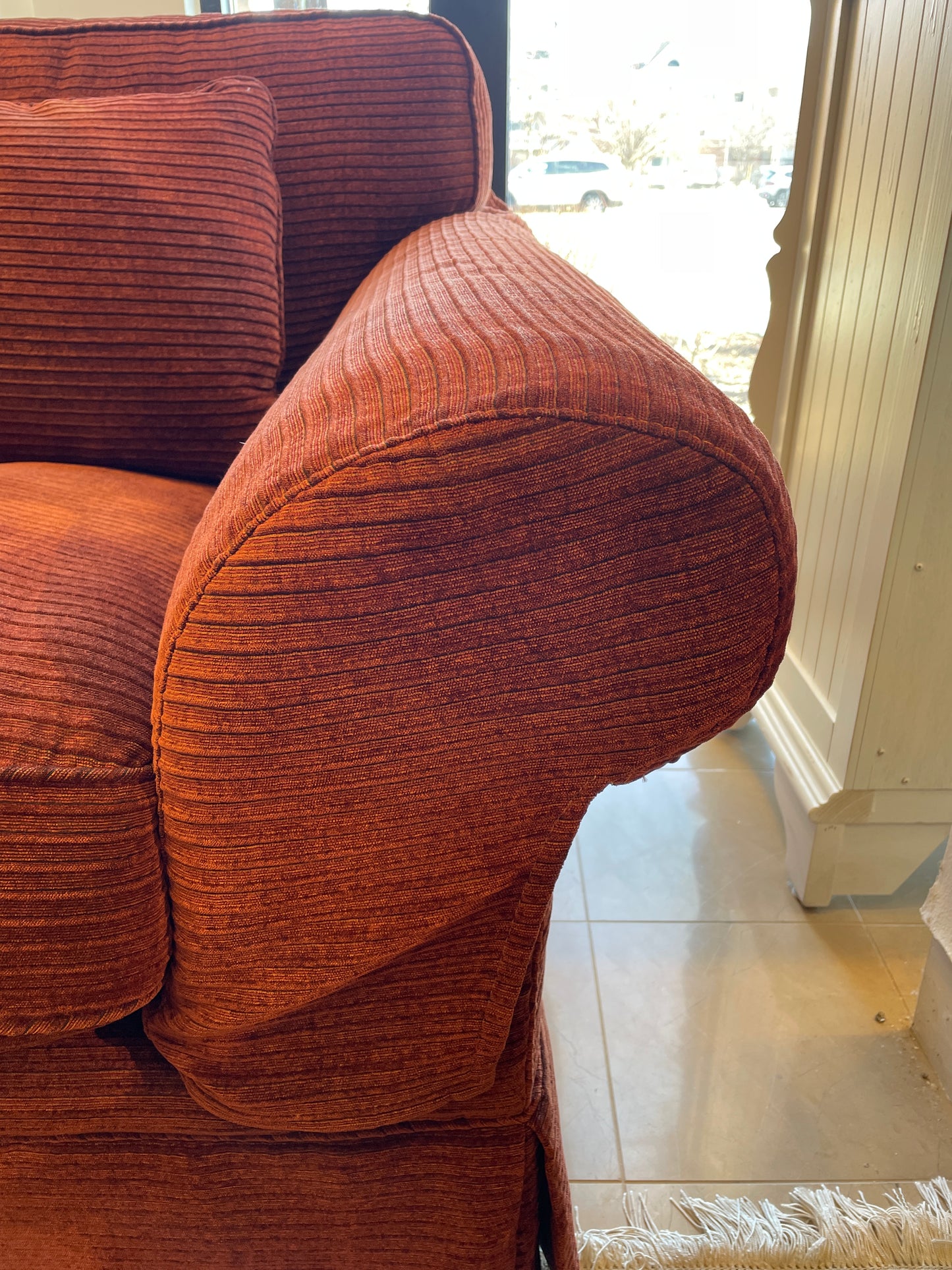 Crimson Corduroy Style Upholstered Sofa Attrib. to Baker (0BZ006)