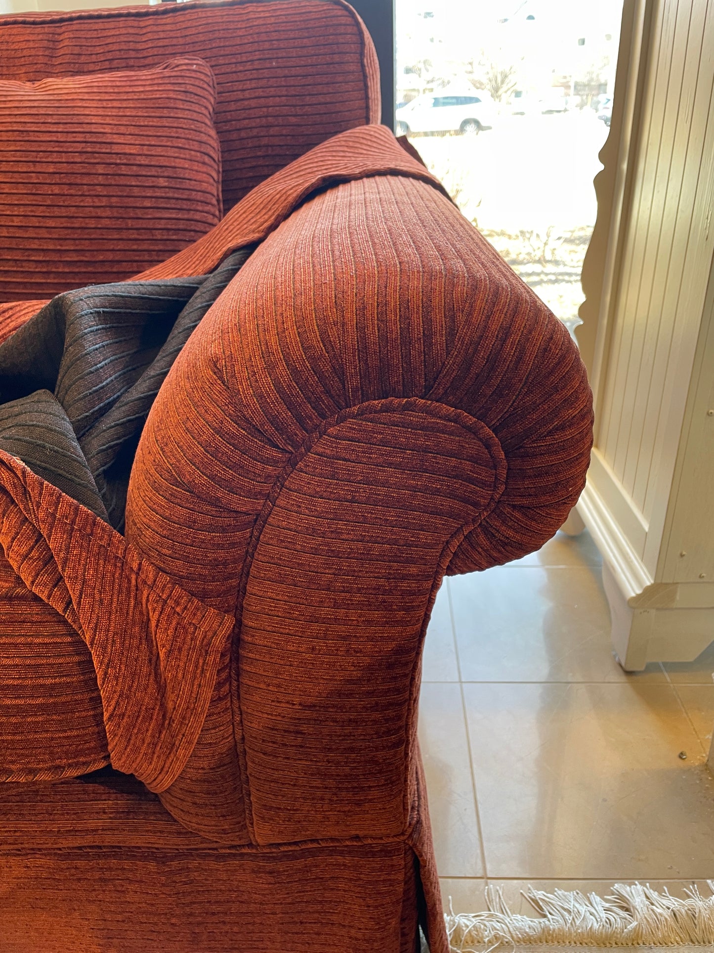 Crimson Corduroy Style Upholstered Sofa Attrib. to Baker (0BZ006)