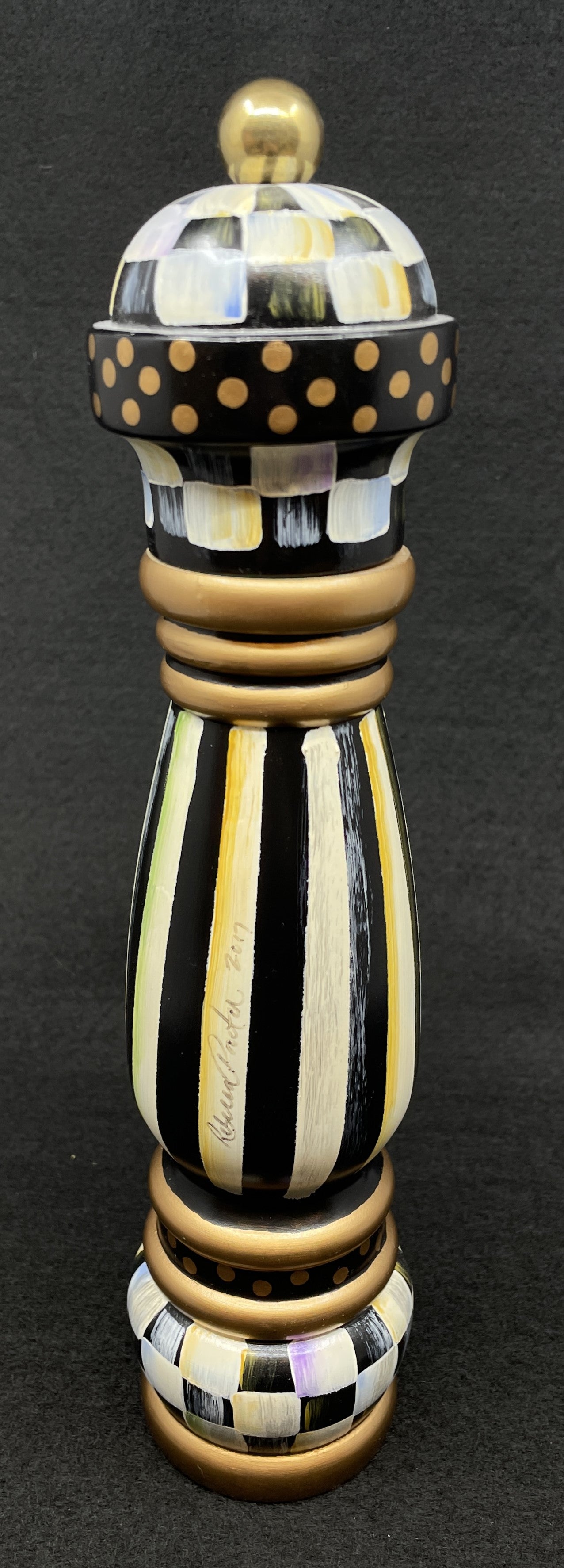 Mackenzie-Childs Hand Painted Pepper Mill, signed Rebecca Proctor (0NL007)