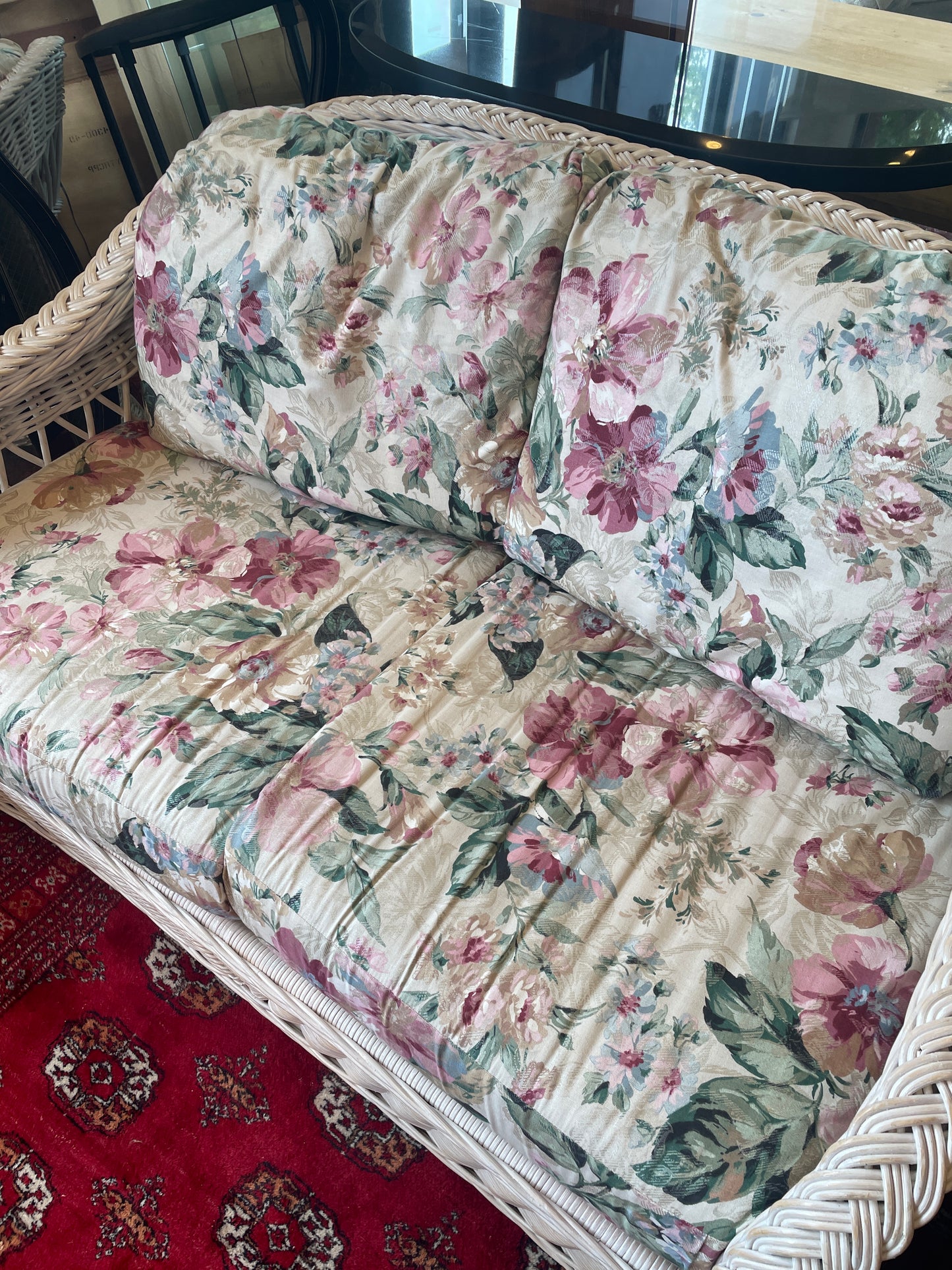South Sea Rattan Loveseat with Floral Cushions (0FH001)
